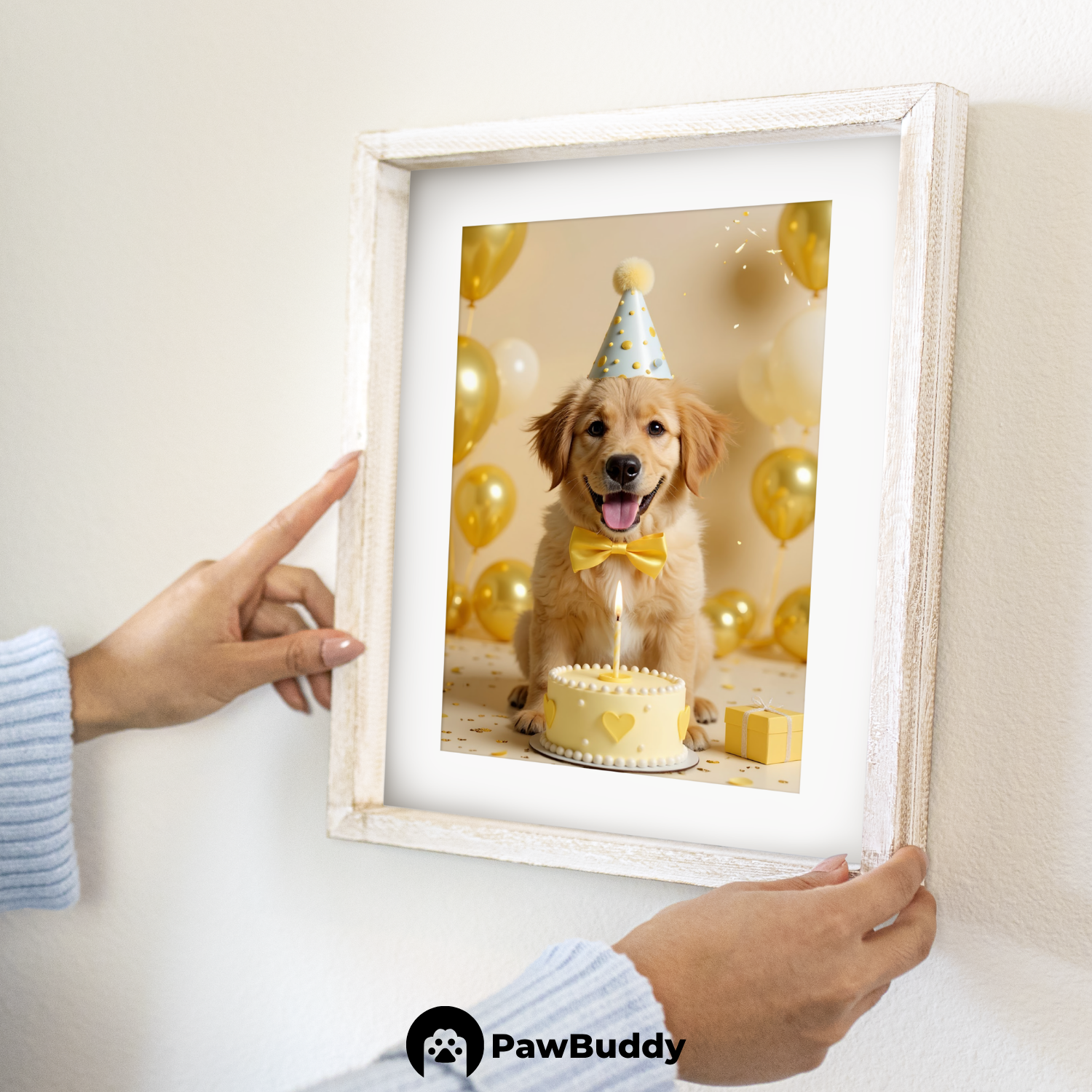 Custom Pet Poster Birthday Celebration Portrait with Gold Background – Personalized High-Resolution Matte Print for Wall Art, Home Decor, or Unique Gifts for Pet Lovers (Frame Not Included)