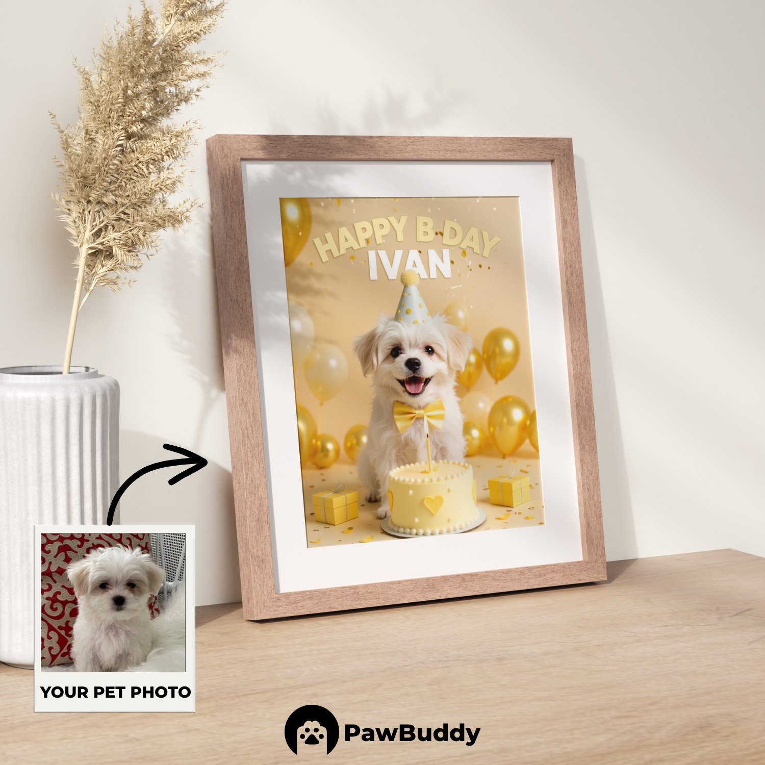 Custom Pet Poster Birthday Celebration Portrait with Gold Background – Personalized High-Resolution Matte Print for Wall Art, Home Decor, or Unique Gifts for Pet Lovers (Frame Not Included)