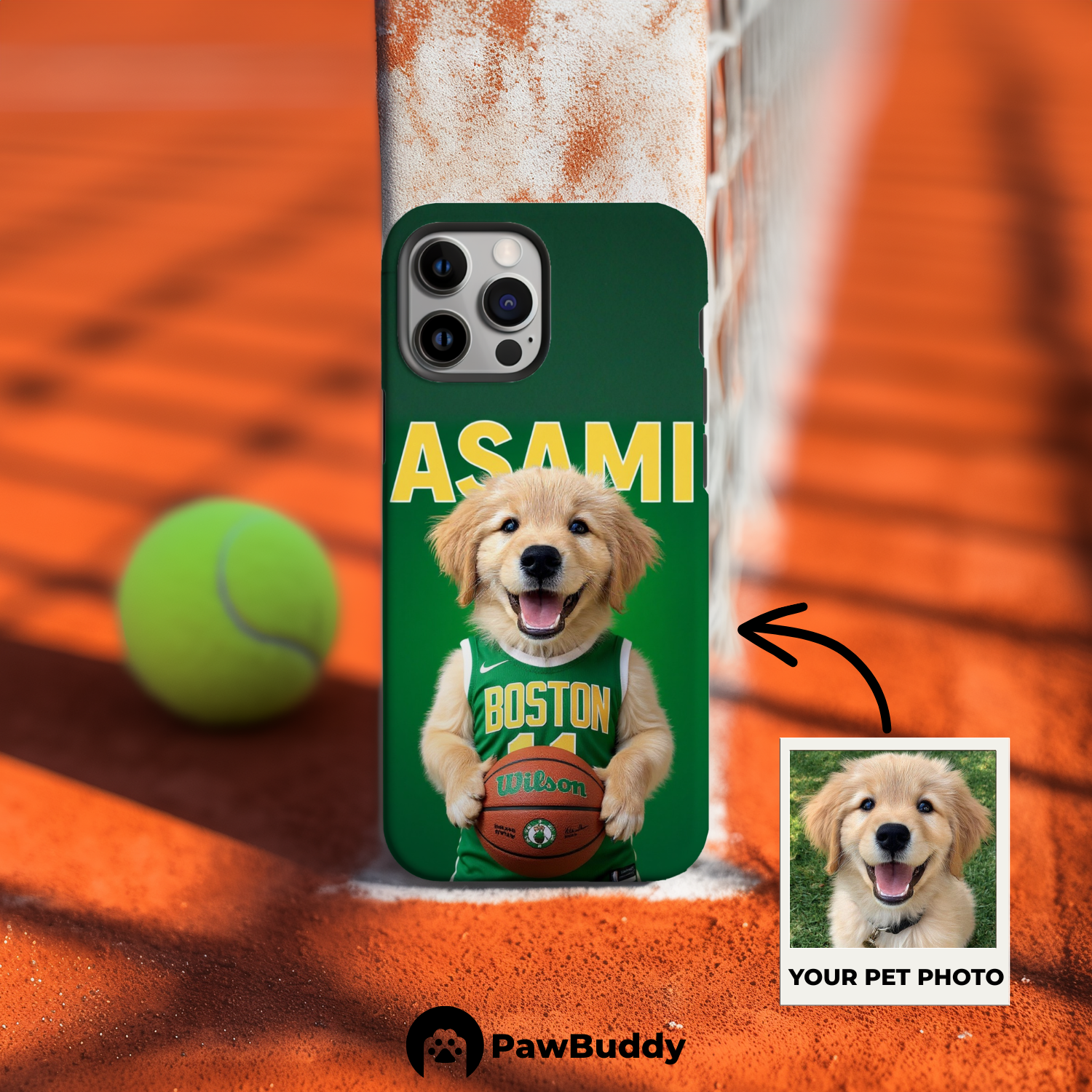 Custom Pet Phone Case for iPhone 11–17, Personalized Emerald Court Spirit Basketball Portrait Design, Dual-Layer Shockproof PC+TPU Protective Cover with Glossy Wraparound Printing, Unique Gift for Pet Lovers