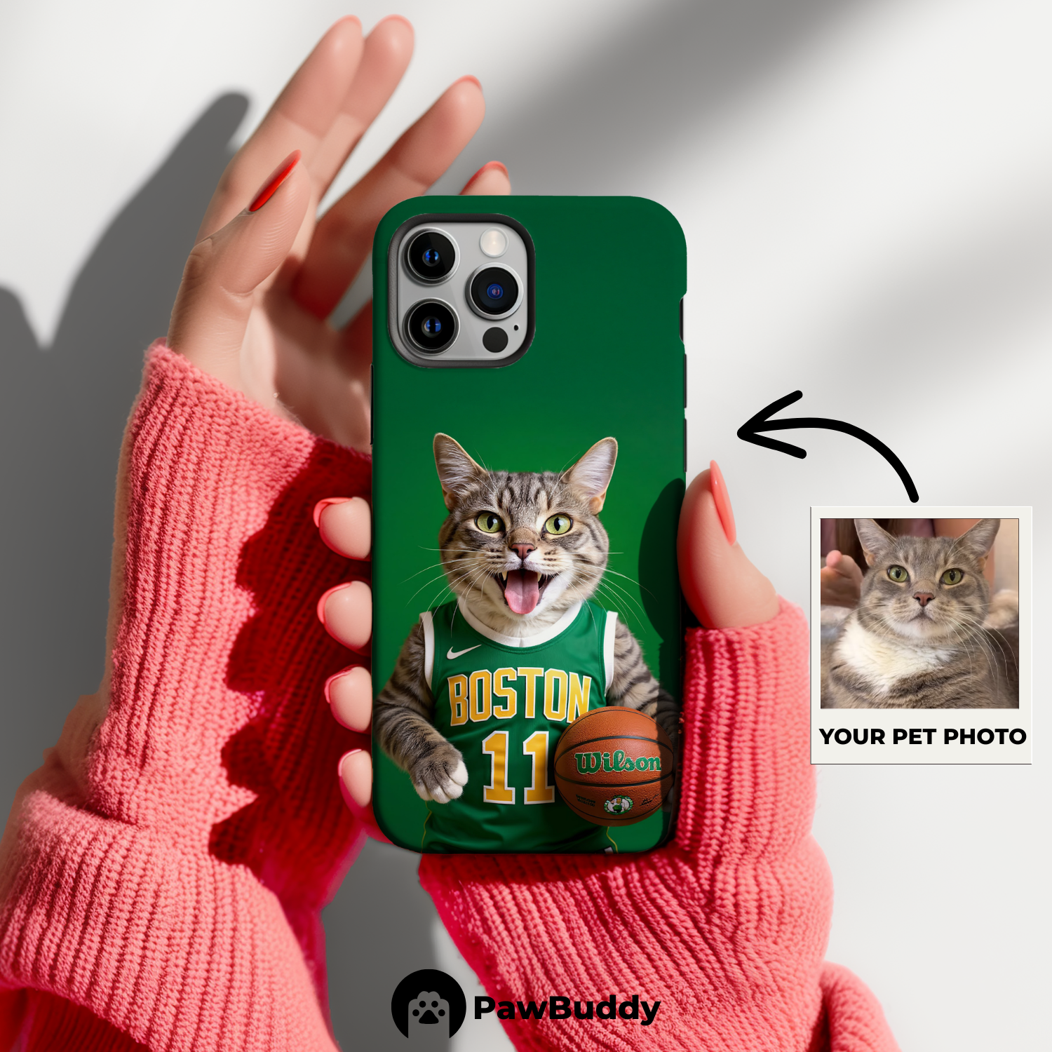 Custom Pet Phone Case for iPhone 11–17, Personalized Emerald Court Spirit Basketball Portrait Design, Dual-Layer Shockproof PC+TPU Protective Cover with Glossy Wraparound Printing, Unique Gift for Pet Lovers