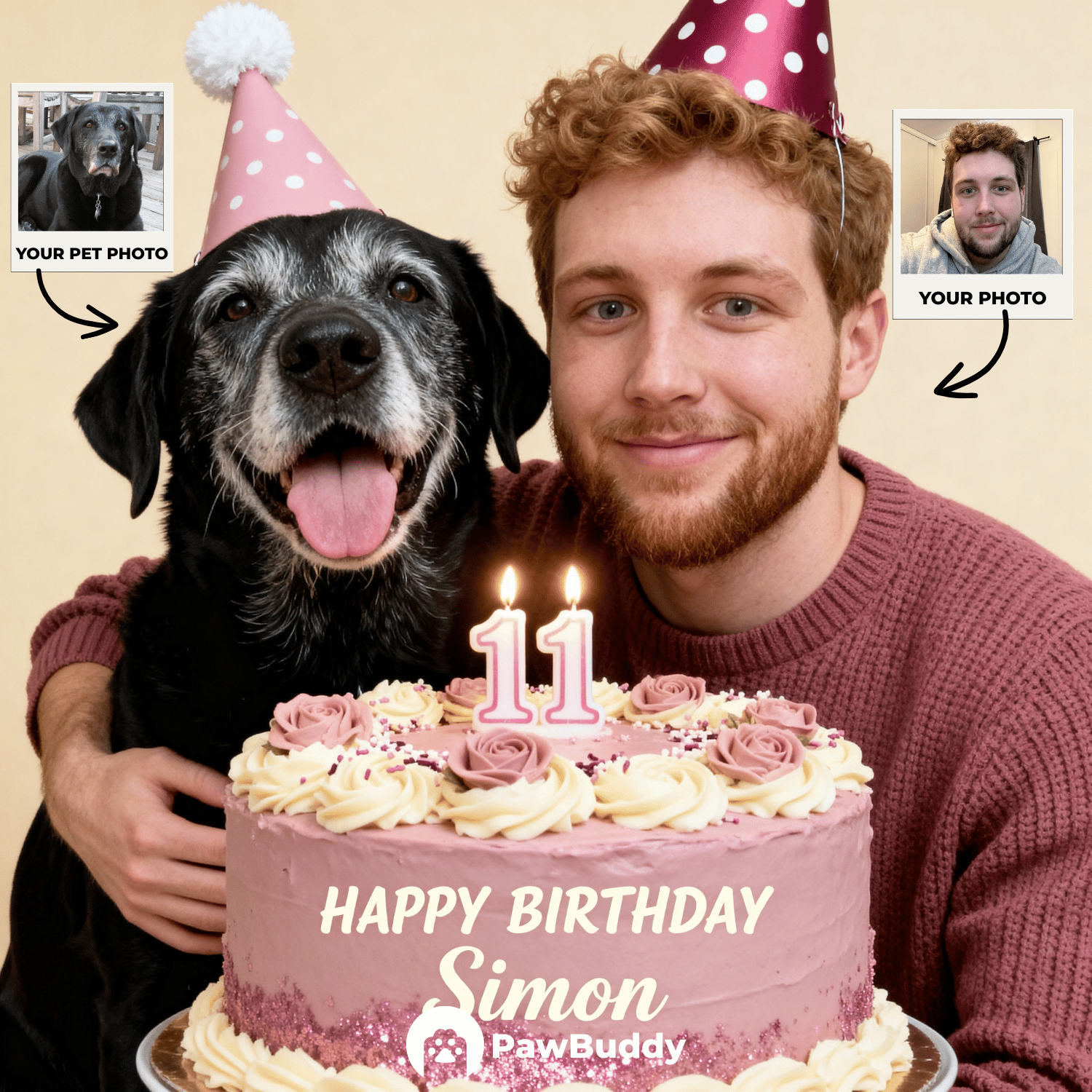 Custom Human & Pet Portrait Birthday Cake Celebration Digital Artwork - Personalized High Resolution Artwork for Pet Lovers, Perfect for Online Sharing or as a Unique Birthday Keepsake