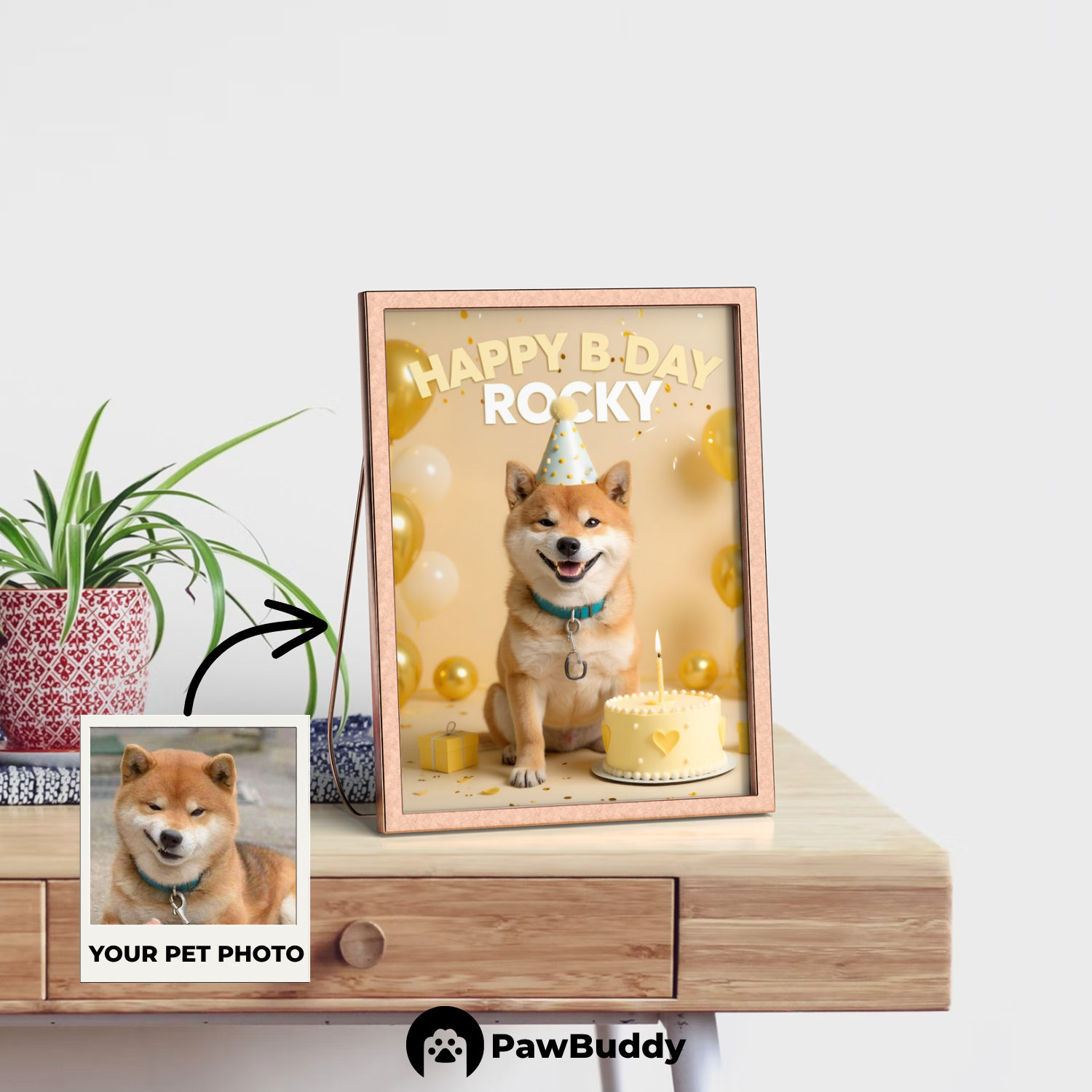 Custom Pet Poster Birthday Celebration Portrait with Gold Background – Personalized High-Resolution Matte Print for Wall Art, Home Decor, or Unique Gifts for Pet Lovers (Frame Not Included)