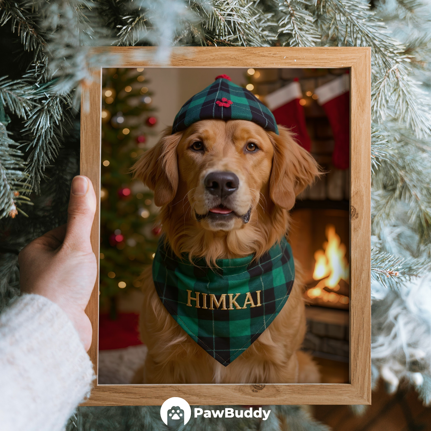 Custom Pet Poster Cozy Fireplace Christmas Portrait – Personalized High-Resolution Matte Print for Wall Art, Home Decor, or Unique Holiday Gifts for Pet Lovers (Frame Not Included)