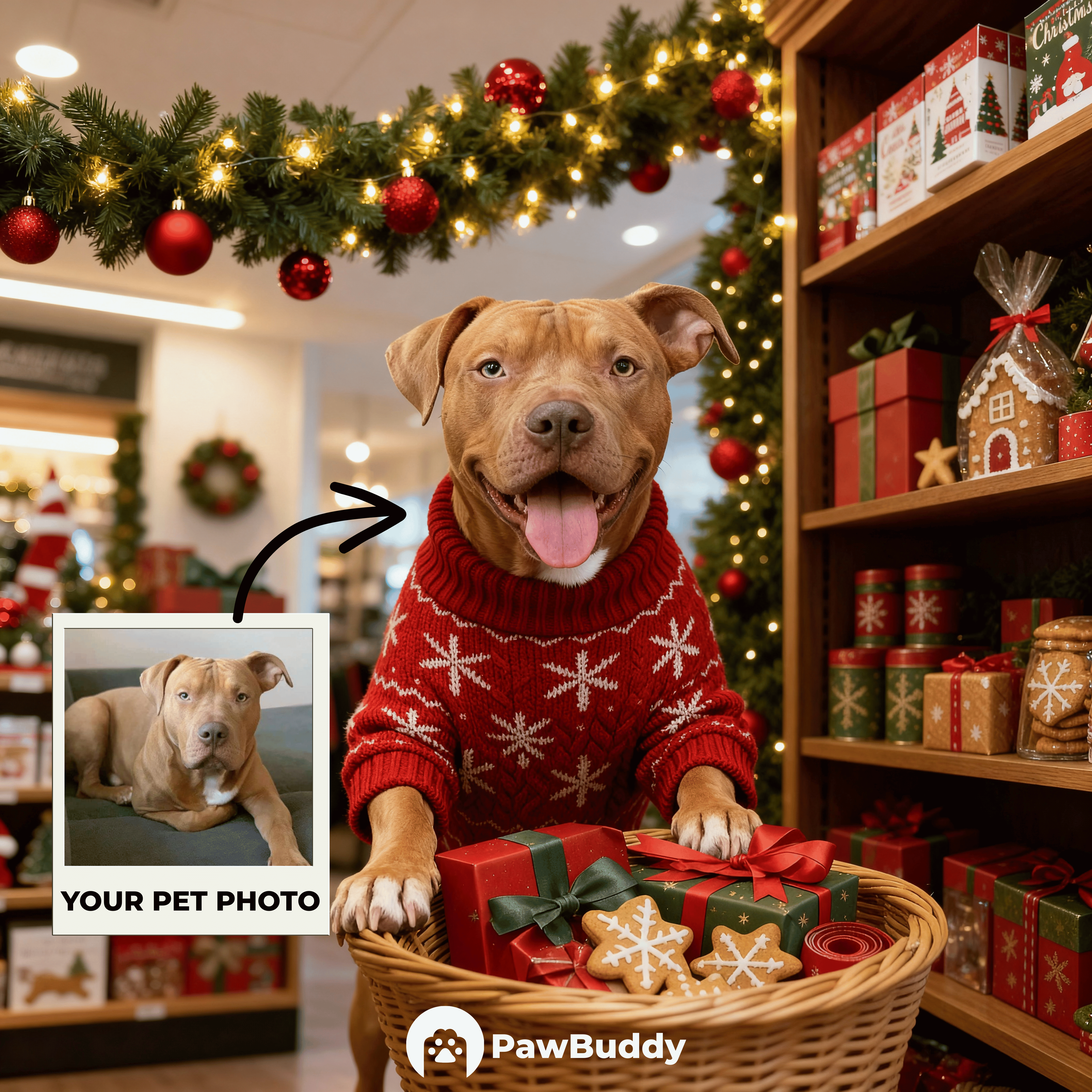 Custom Digital Art Christmas Gift Basket Pet Portrait - Personalized High Resolution Artwork for Pet Lovers, Perfect for Online Sharing or as a Unique Holiday Keepsake