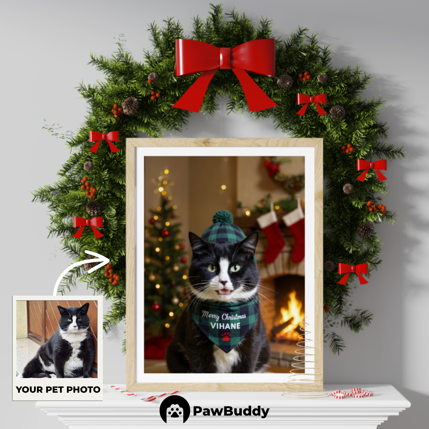 Custom Pet Poster Cozy Fireplace Christmas Portrait – Personalized High-Resolution Matte Print for Wall Art, Home Decor, or Unique Holiday Gifts for Pet Lovers (Frame Not Included)