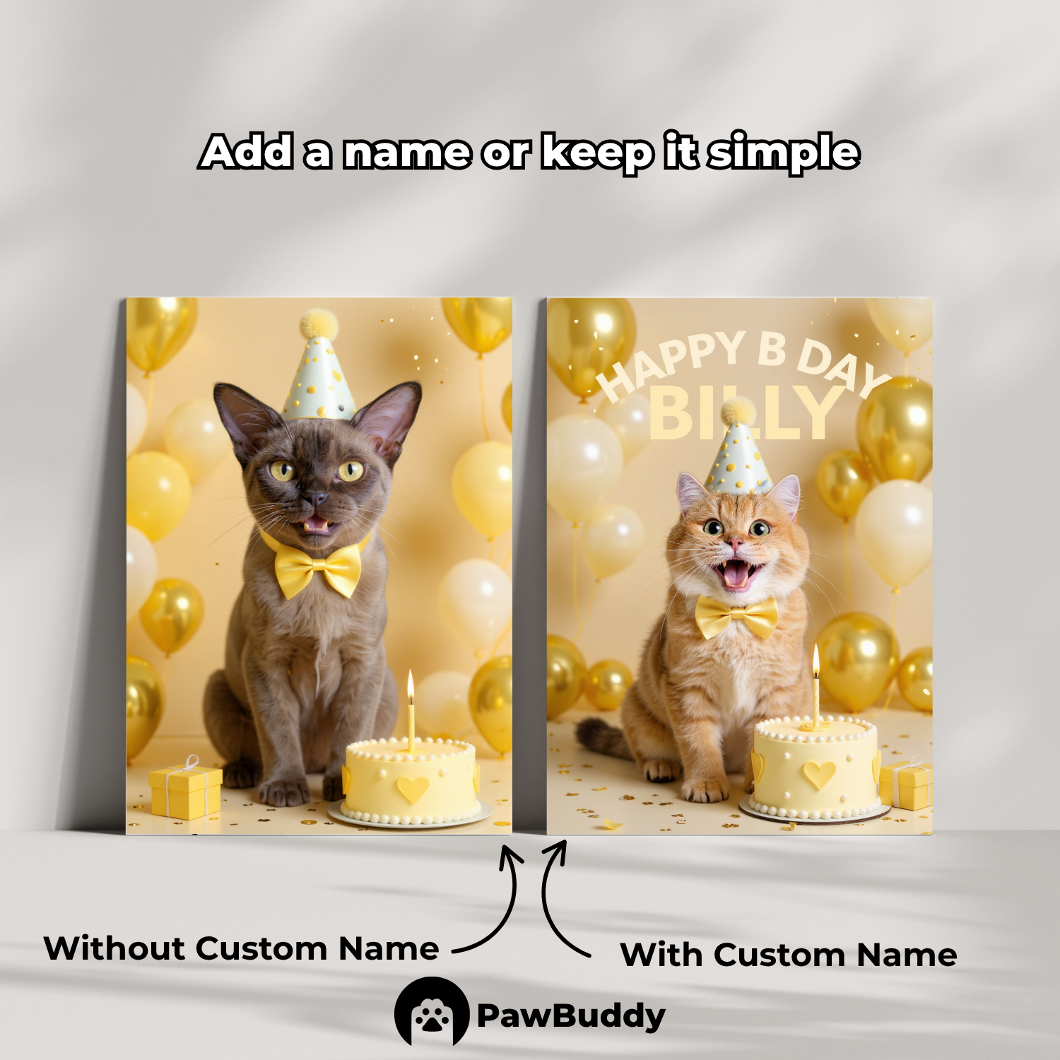 Custom Pet Poster Birthday Celebration Portrait with Gold Background – Personalized High-Resolution Matte Print for Wall Art, Home Decor, or Unique Gifts for Pet Lovers (Frame Not Included)