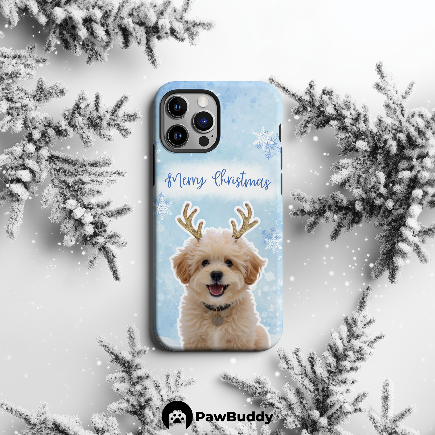 Custom Pet Phone Case for iPhone 11–17, Personalized Snowy Reindeer Christmas Style Design with Antlers and Blue Snowflake Background, Dual-Layer Shockproof PC+TPU Protective Cover with Glossy Wraparound Printing, Unique Gift for Pet Lovers
