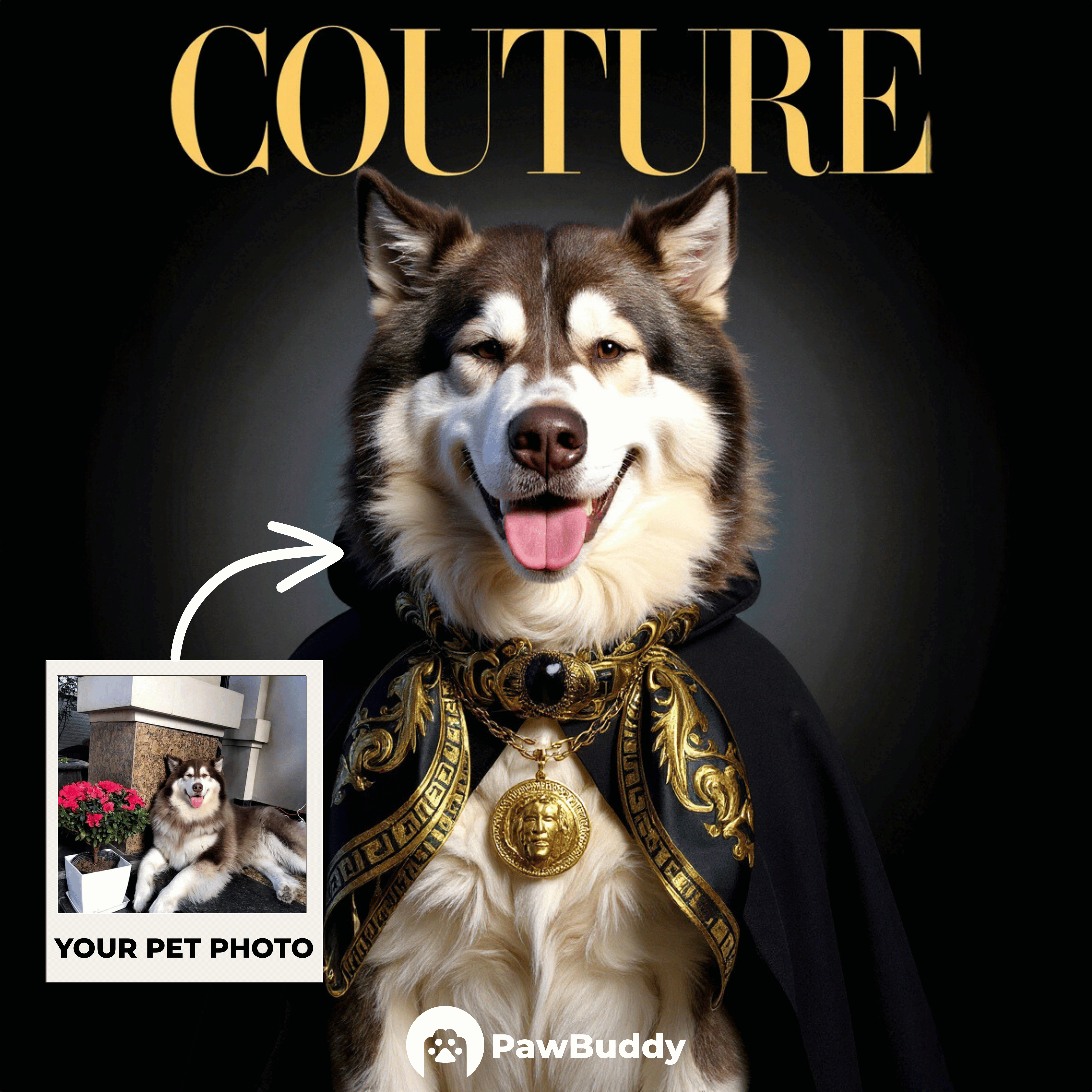 Custom Pet Portrait Baroque Gold Couture Style Digital Artwork – Personalized High-Resolution Artwork for Pet Lovers, Perfect for Online Sharing or as a Unique Luxury Keepsake
