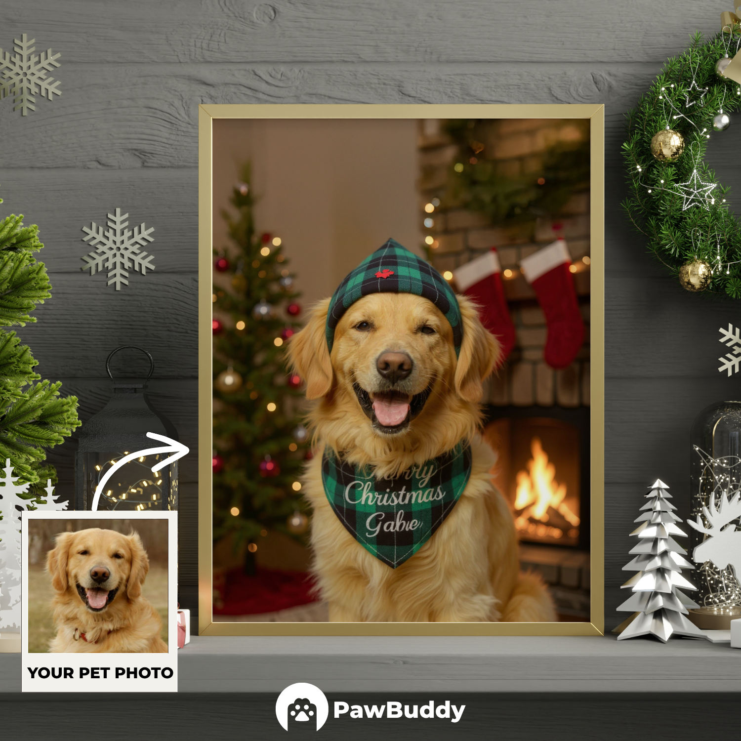Custom Pet Poster Cozy Fireplace Christmas Portrait – Personalized High-Resolution Matte Print for Wall Art, Home Decor, or Unique Holiday Gifts for Pet Lovers (Frame Not Included)