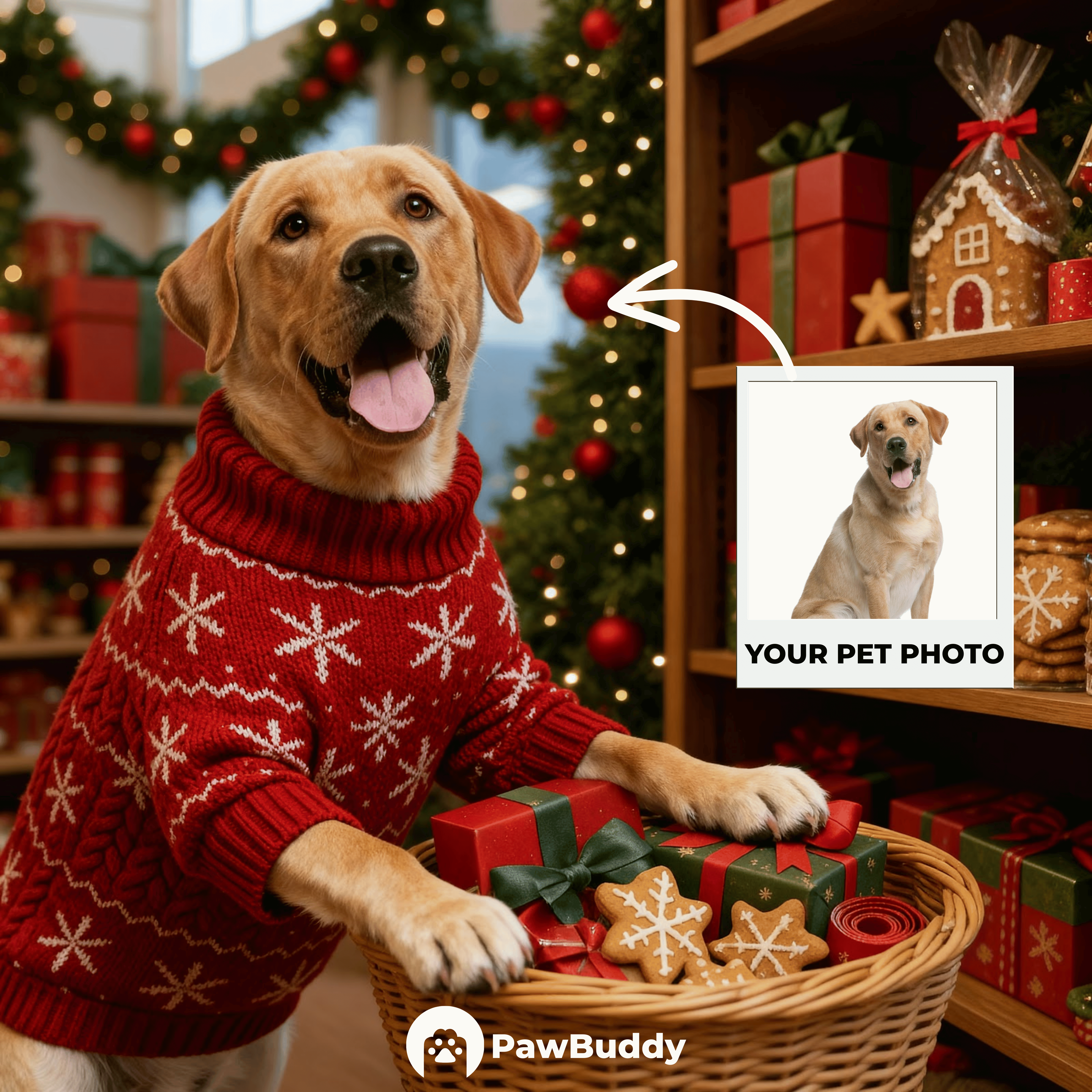 Custom Digital Art Christmas Gift Basket Pet Portrait - Personalized High Resolution Artwork for Pet Lovers, Perfect for Online Sharing or as a Unique Holiday Keepsake