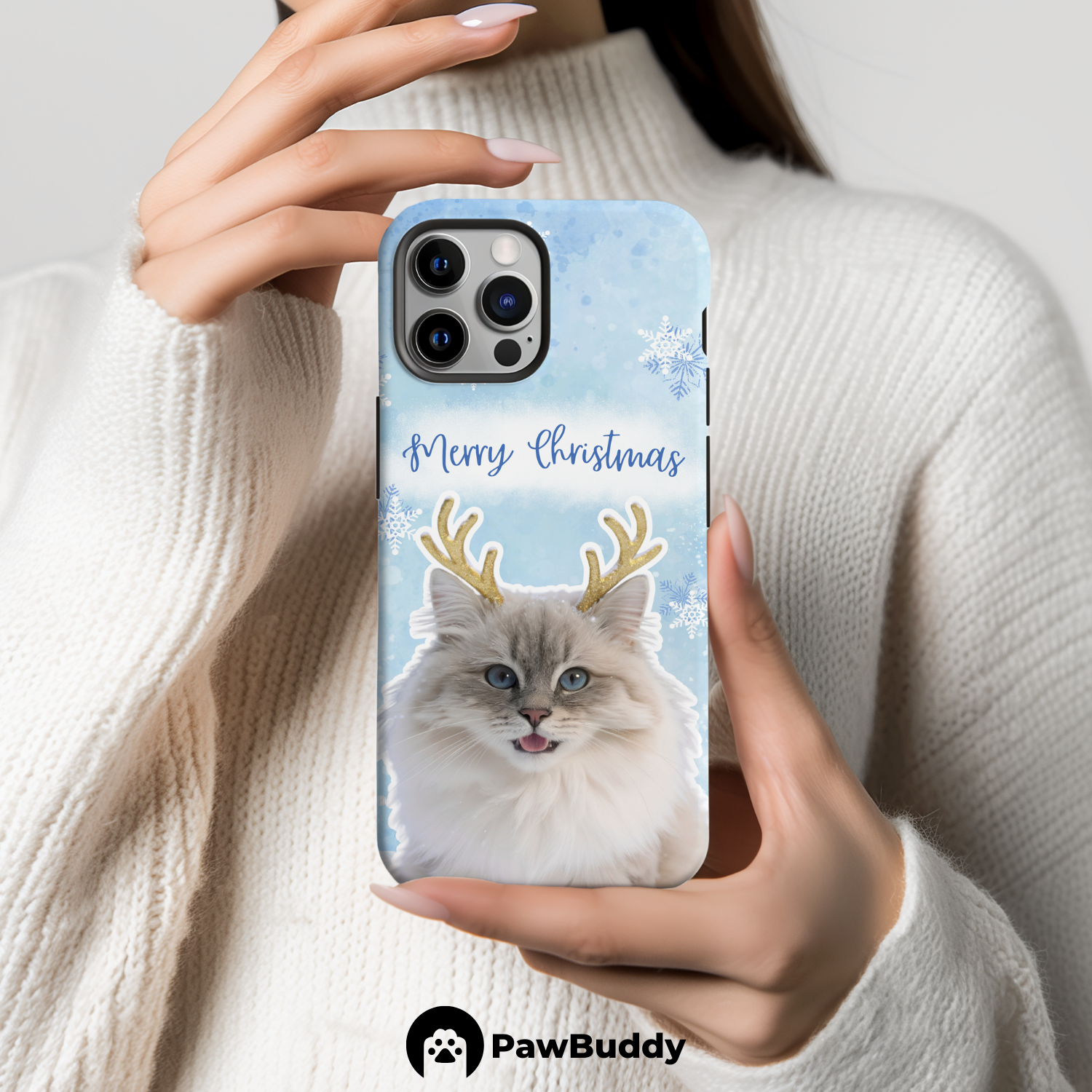 Custom Pet Phone Case for iPhone 11–17, Personalized Snowy Reindeer Christmas Style Design with Antlers and Blue Snowflake Background, Dual-Layer Shockproof PC+TPU Protective Cover with Glossy Wraparound Printing, Unique Gift for Pet Lovers