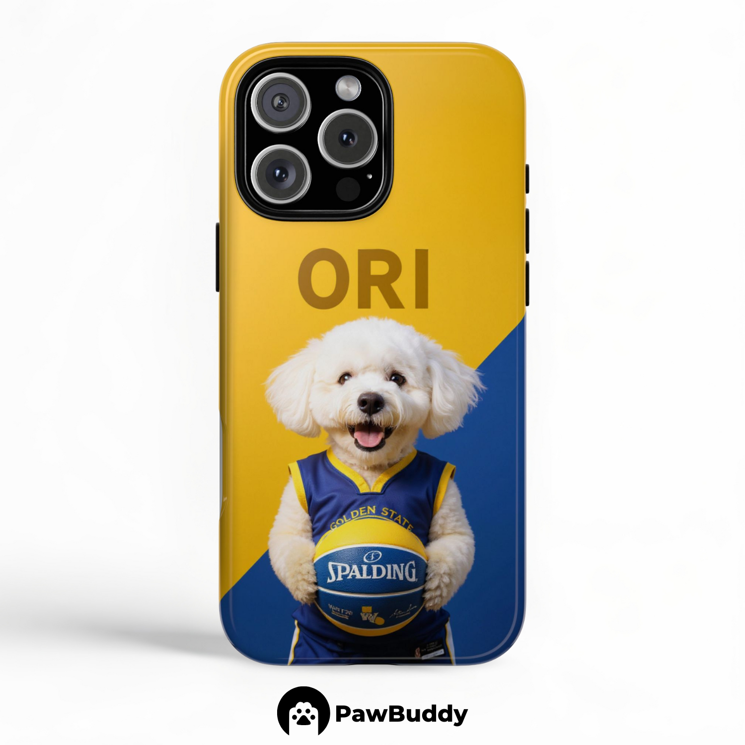 Custom Pet Phone Case for iPhone 11–17, Personalized Blue & Gold Game Day Basketball Portrait Design, Dual-Layer Shockproof PC+TPU Protective Cover with Glossy Wraparound Printing, Unique Gift for Pet Lovers