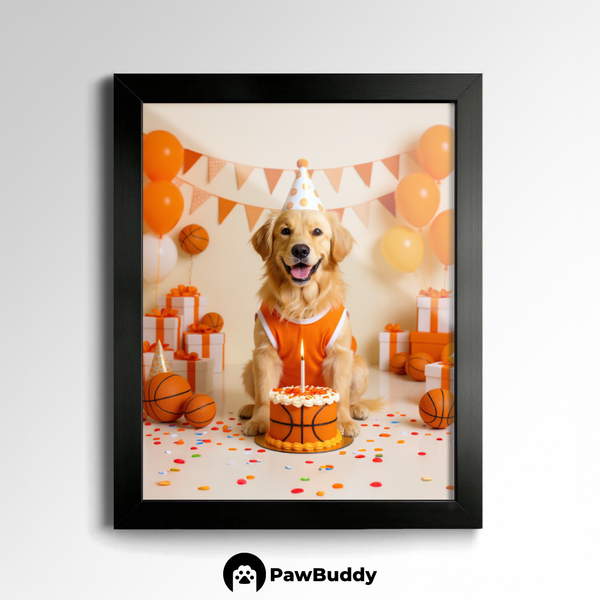 Custom Pet Poster Birthday Basketball Celebration Portrait – Personalized High-Resolution Matte Print for Wall Art, Home Decor, or Unique Gifts for Pet Lovers
