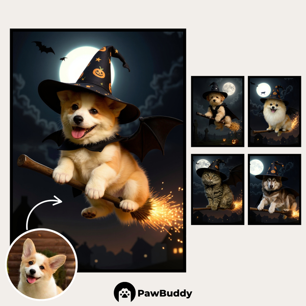 Custom Digital Art Witchy Pet on Broomstick Halloween Portrait – Personalized High-Resolution 3:4 Ratio File for Printing, Online Sharing, or Unique Digital Keepsakes