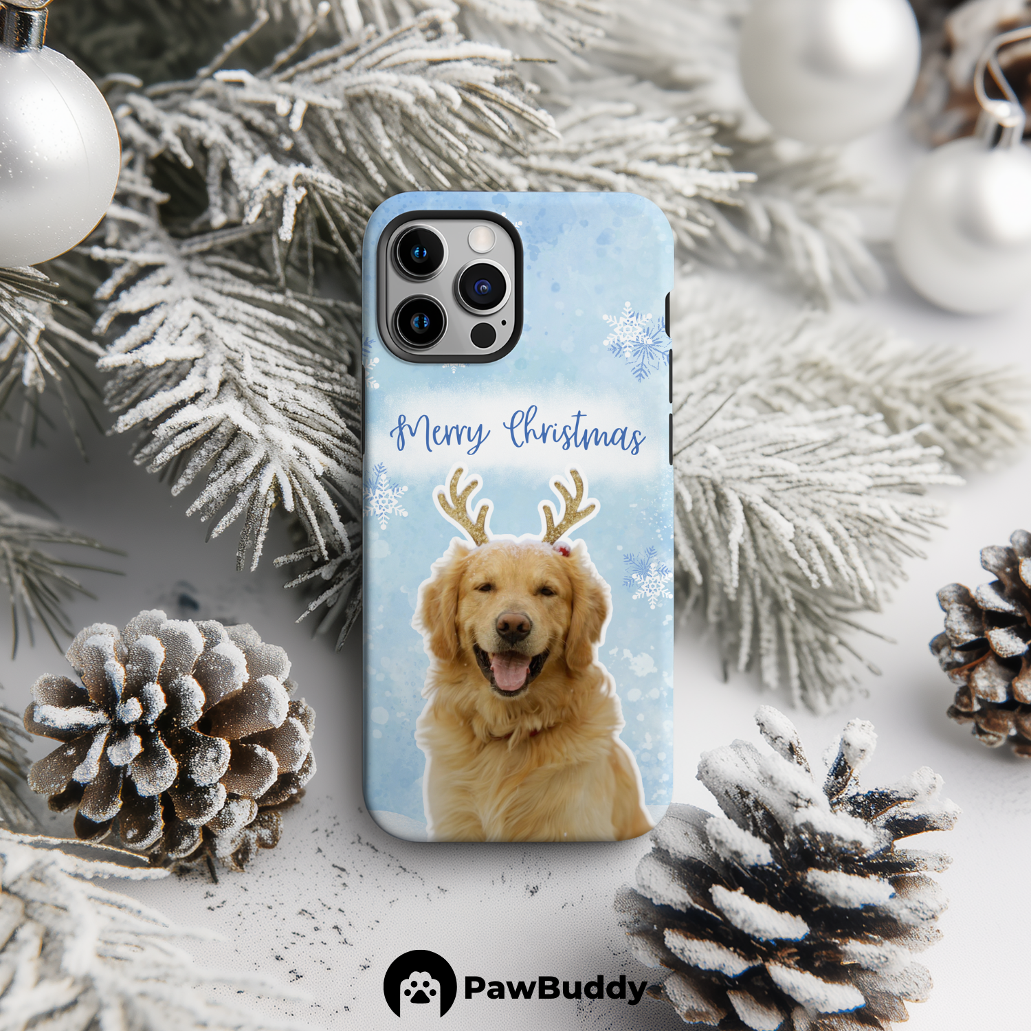 Custom Pet Phone Case for iPhone 11–17, Personalized Snowy Reindeer Christmas Style Design with Antlers and Blue Snowflake Background, Dual-Layer Shockproof PC+TPU Protective Cover with Glossy Wraparound Printing, Unique Gift for Pet Lovers