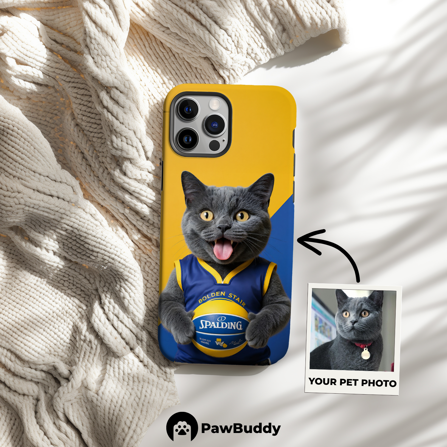 Custom Pet Phone Case for iPhone 11–17, Personalized Blue & Gold Game Day Basketball Portrait Design, Dual-Layer Shockproof PC+TPU Protective Cover with Glossy Wraparound Printing, Unique Gift for Pet Lovers