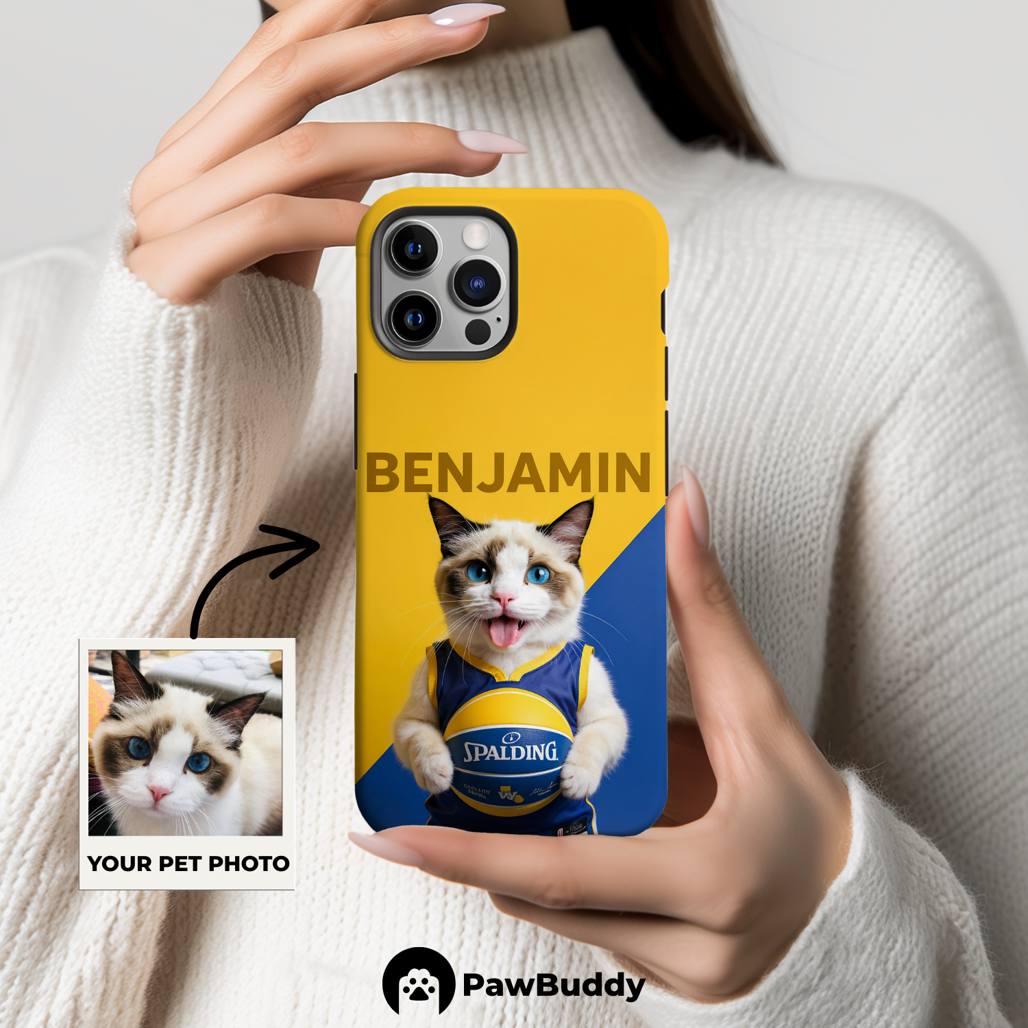 Custom Pet Phone Case for iPhone 11–17, Personalized Blue & Gold Game Day Basketball Portrait Design, Dual-Layer Shockproof PC+TPU Protective Cover with Glossy Wraparound Printing, Unique Gift for Pet Lovers