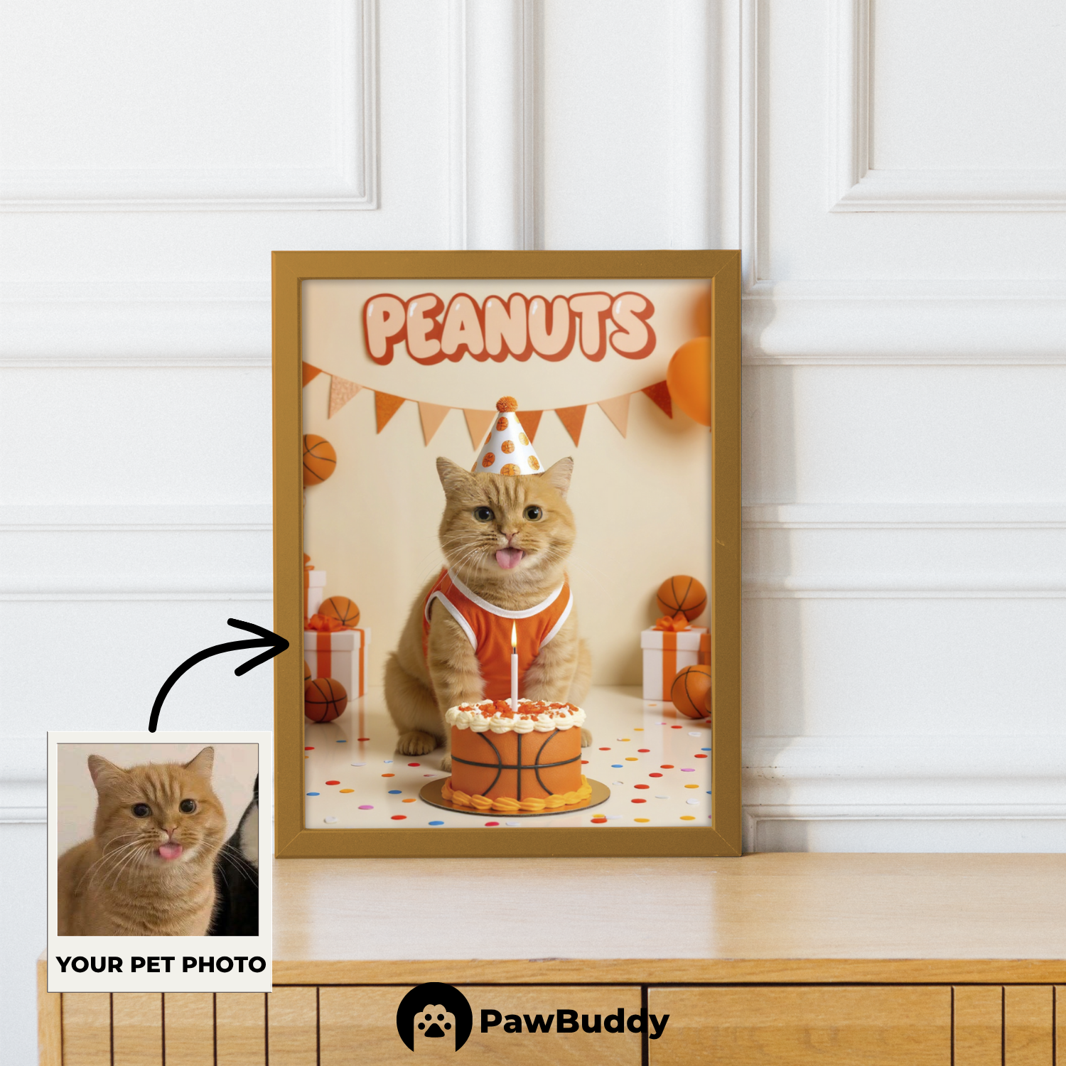 Custom Pet Poster Birthday Basketball Celebration Portrait – Personalized High-Resolution Matte Print for Wall Art, Home Decor, or Unique Gifts for Pet Lovers (Frame Not Included)
