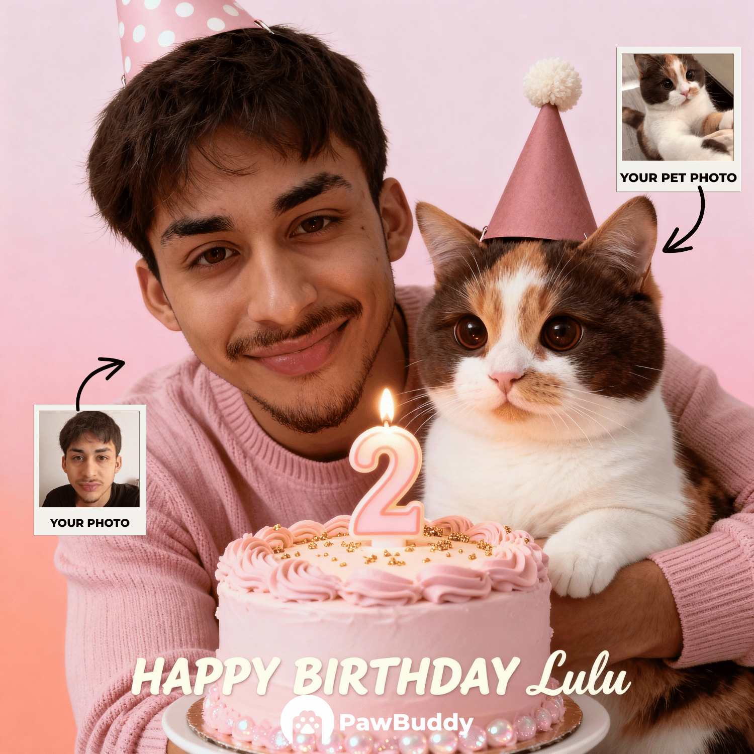 Custom Human & Pet Portrait Birthday Cake Celebration Digital Artwork - Personalized High Resolution Artwork for Pet Lovers, Perfect for Online Sharing or as a Unique Birthday Keepsake