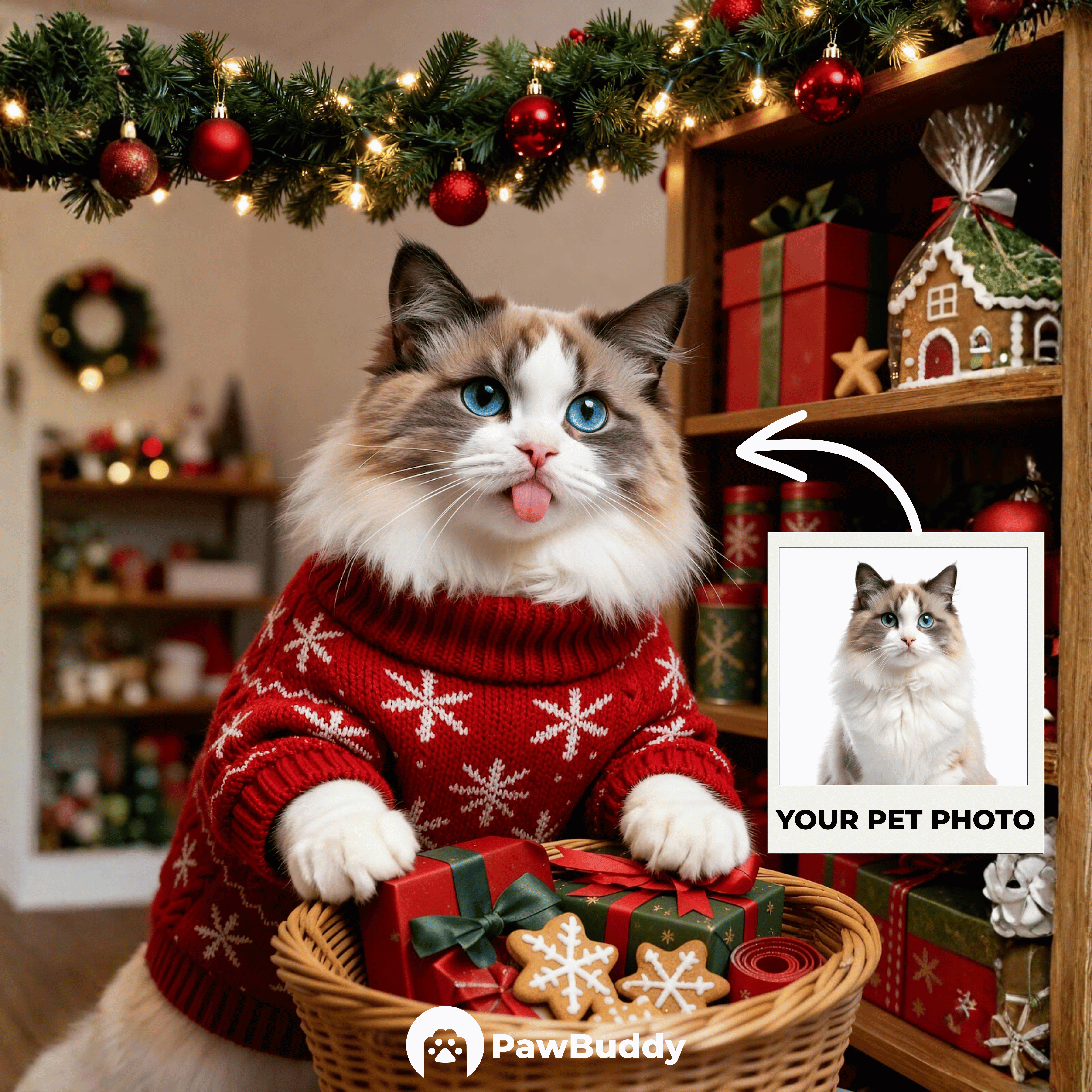 Custom Digital Art Christmas Gift Basket Pet Portrait - Personalized High Resolution Artwork for Pet Lovers, Perfect for Online Sharing or as a Unique Holiday Keepsake