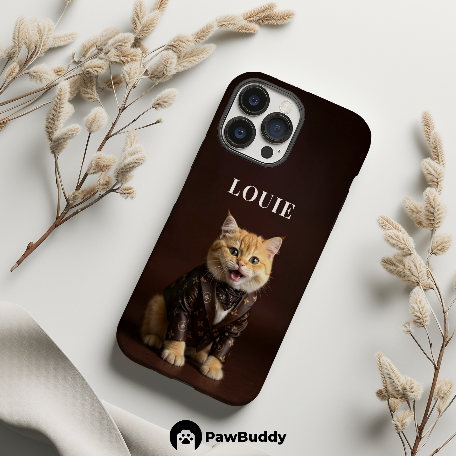Custom Pet Phone Case for iPhone 11–17, Personalized Dark Brown Suit Studio Portrait Design, Dual-Layer Shockproof PC+TPU Protective Cover with Glossy Wraparound Printing, Unique Gift for Pet