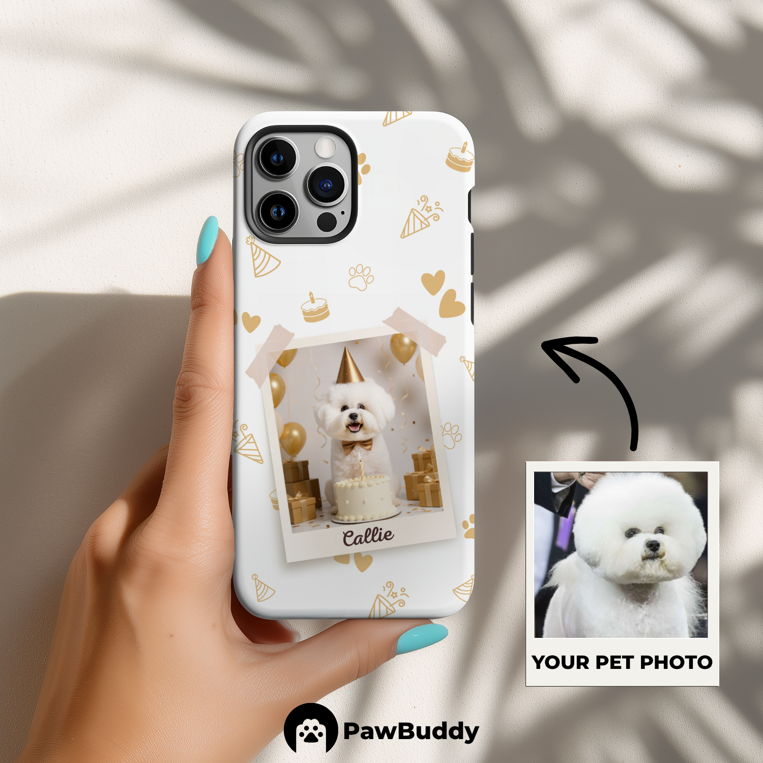 Custom Pet Phone Case for iPhone 11–17, Personalized Birthday Celebration Brown Pattern with Polaroid Photo Frame and Name, Dual-Layer Shockproof PC+TPU Protective Cover with Glossy Wraparound Printing, Unique Gift for Pet Lovers