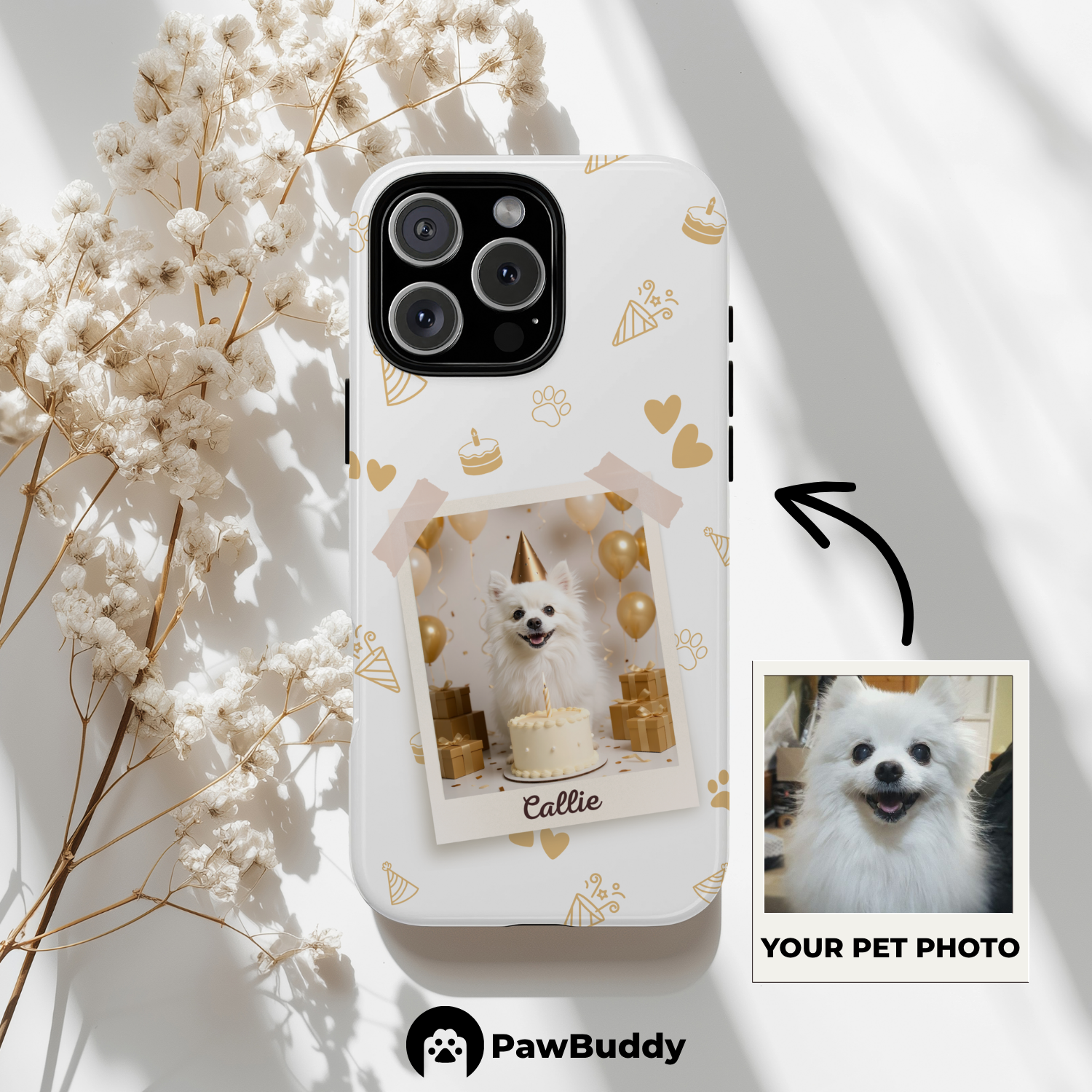 Custom Pet Phone Case for iPhone 11–17, Personalized Birthday Celebration Brown Pattern with Polaroid Photo Frame and Name, Dual-Layer Shockproof PC+TPU Protective Cover with Glossy Wraparound Printing, Unique Gift for Pet Lovers