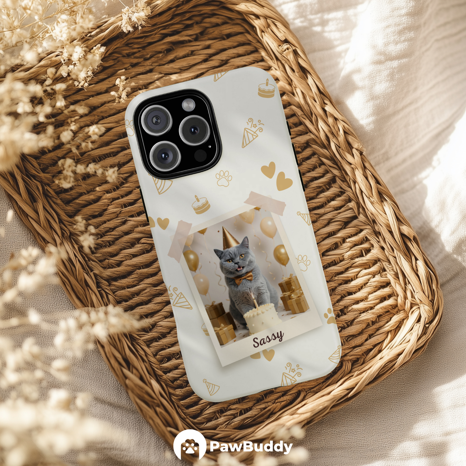 Custom Pet Phone Case for iPhone 11–17, Personalized Birthday Celebration Brown Pattern with Polaroid Photo Frame and Name, Dual-Layer Shockproof PC+TPU Protective Cover with Glossy Wraparound Printing, Unique Gift for Pet Lovers