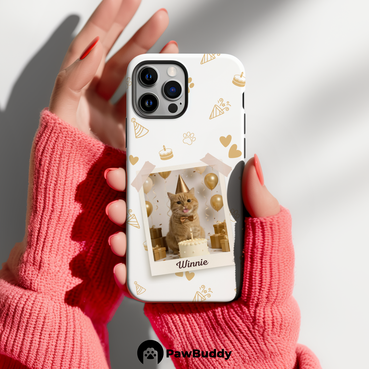 Custom Pet Phone Case for iPhone 11–17, Personalized Birthday Celebration Brown Pattern with Polaroid Photo Frame and Name, Dual-Layer Shockproof PC+TPU Protective Cover with Glossy Wraparound Printing, Unique Gift for Pet Lovers