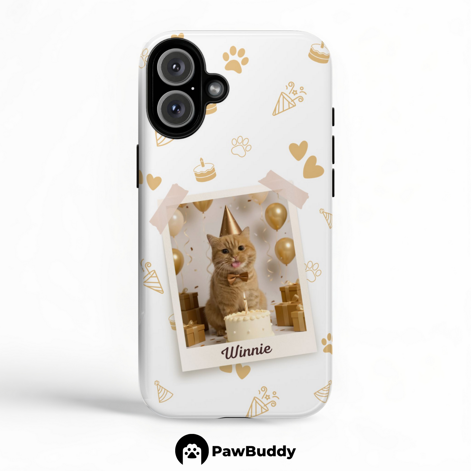 Custom Pet Phone Case for iPhone 11–17, Personalized Birthday Celebration Brown Pattern with Polaroid Photo Frame and Name, Dual-Layer Shockproof PC+TPU Protective Cover with Glossy Wraparound Printing, Unique Gift for Pet Lovers