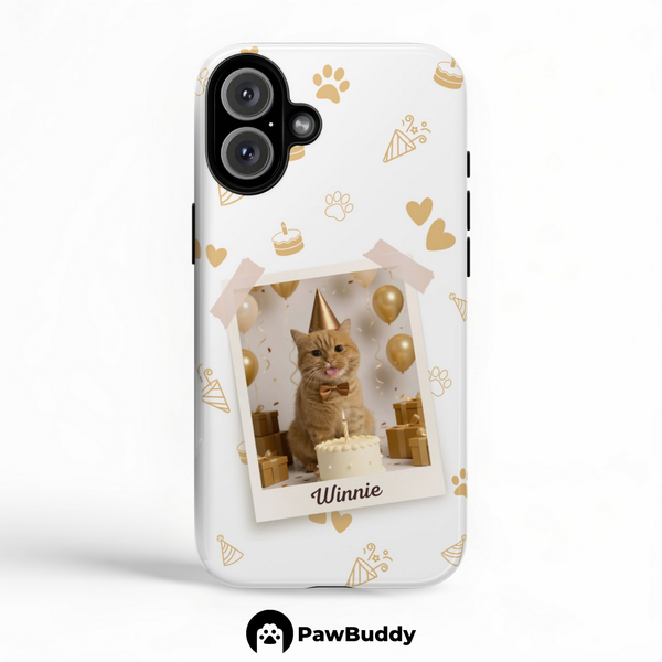Custom Pet Phone Case for iPhone 11–17, Personalized Birthday Celebration Brown Pattern with Polaroid Photo Frame and Name, Dual-Layer Shockproof PC+TPU Protective Cover with Glossy Wraparound Printing, Unique Gift for Pet Lovers