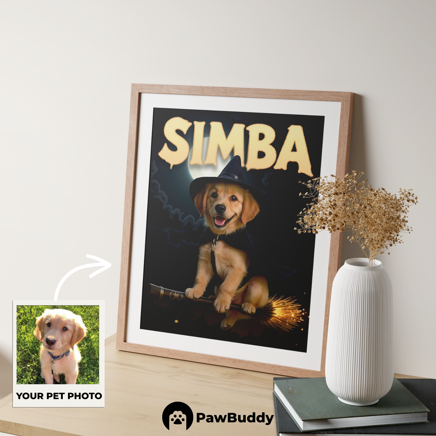 Custom Pet Poster Magical Witch Night Portrait – Personalized High-Resolution Matte Print for Wall Art, Home Decor, or Unique Gifts for Pet Lovers (Frame Not Included)