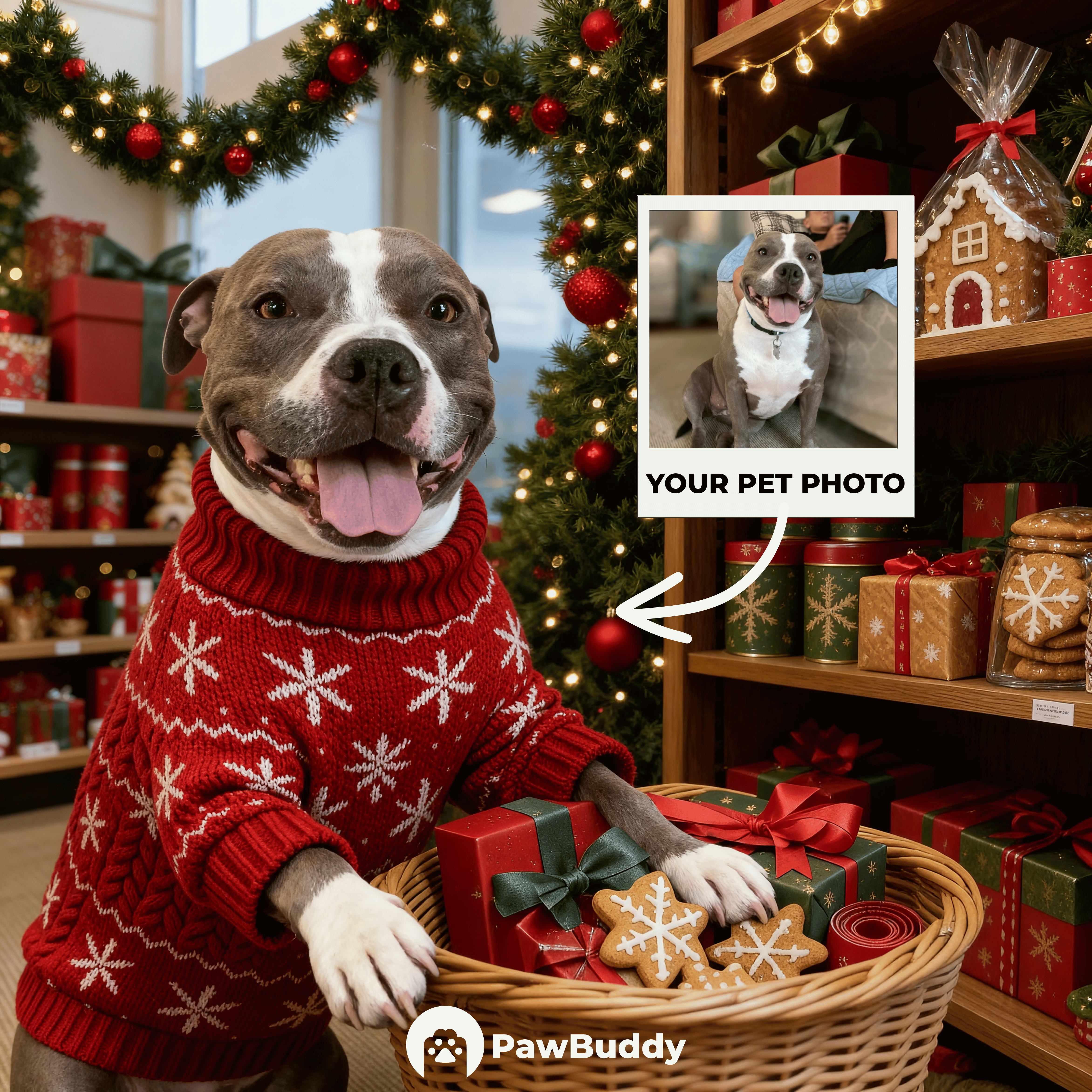Custom Digital Art Christmas Gift Basket Pet Portrait - Personalized High Resolution Artwork for Pet Lovers, Perfect for Online Sharing or as a Unique Holiday Keepsake
