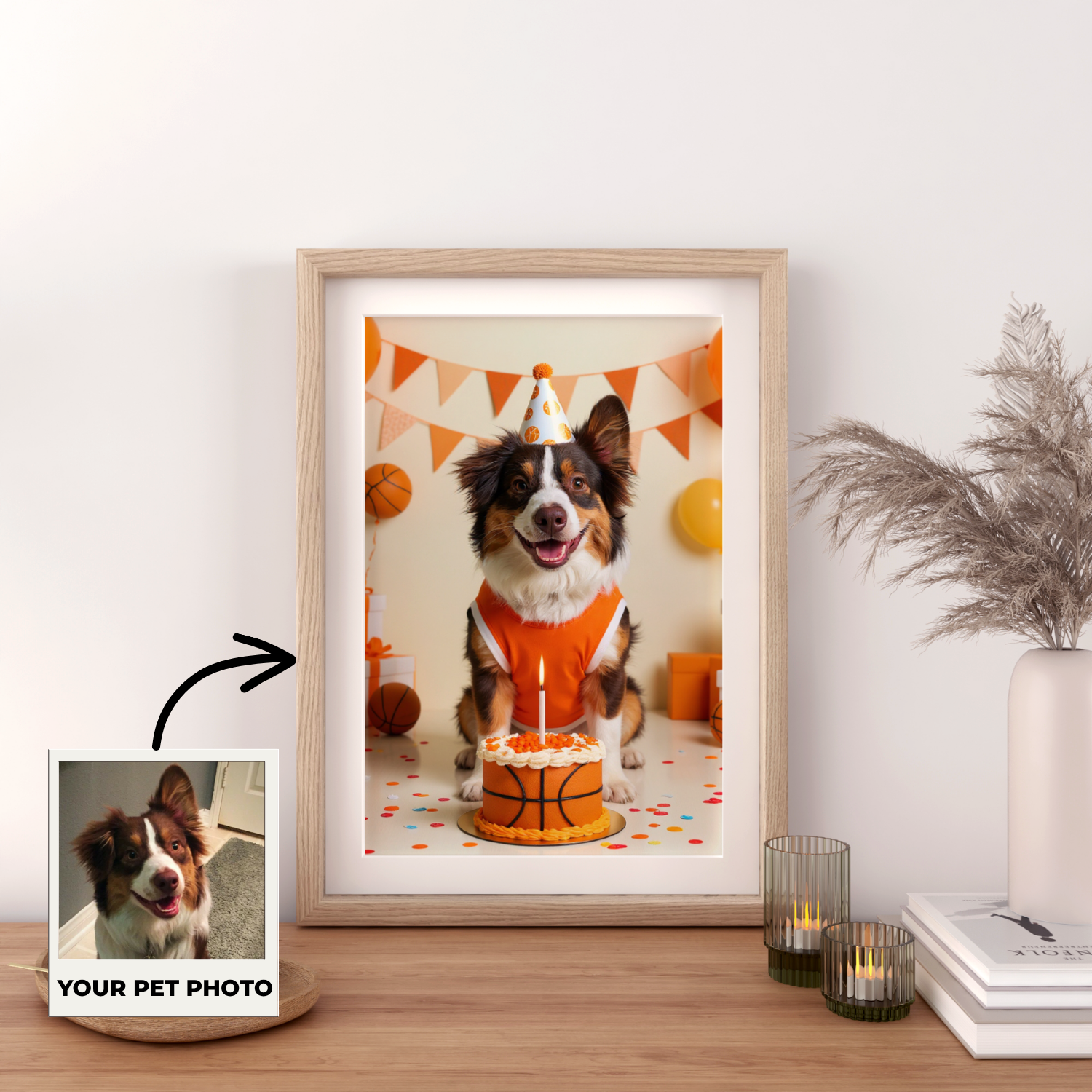 Custom Pet Poster Birthday Basketball Celebration Portrait – Personalized High-Resolution Matte Print for Wall Art, Home Decor, or Unique Gifts for Pet Lovers (Frame Not Included)