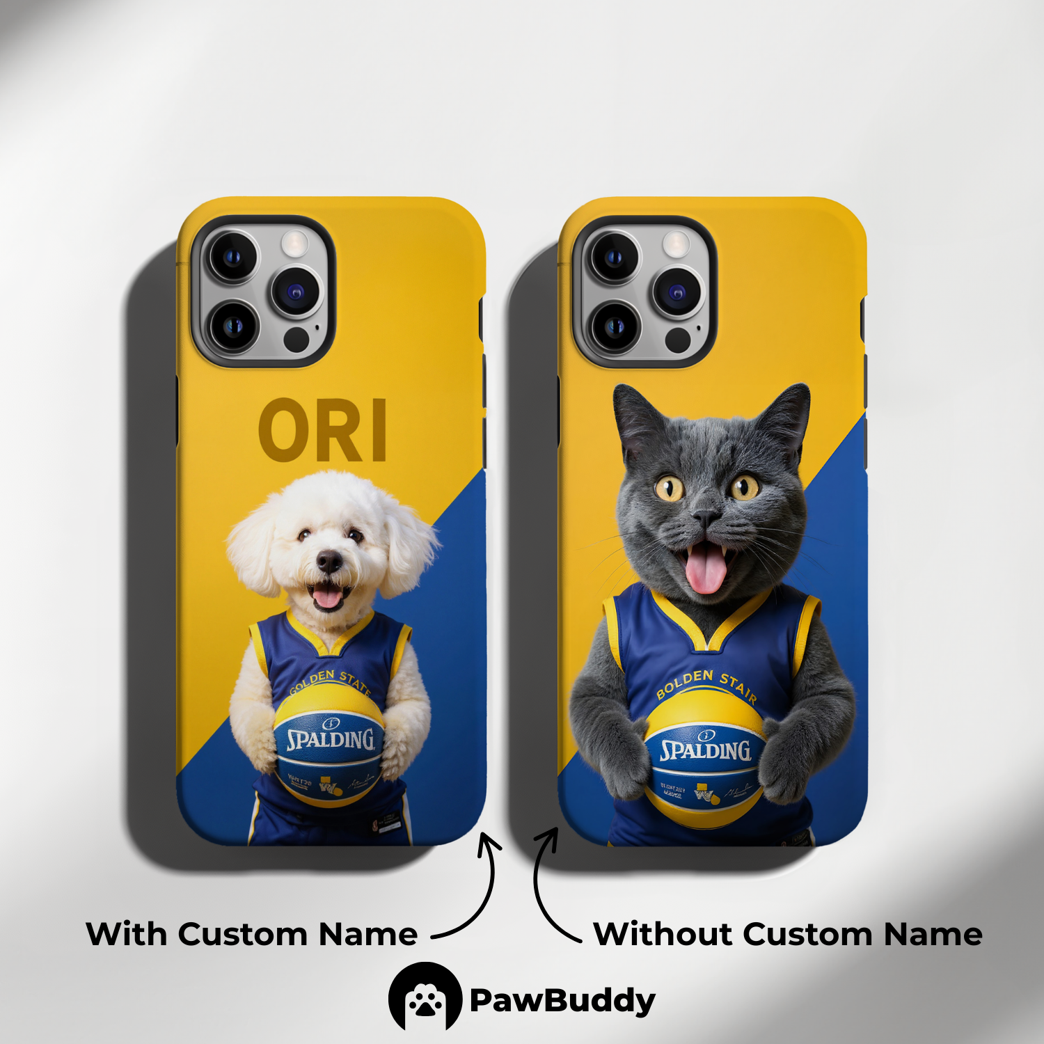 Custom Pet Phone Case for iPhone 11–17, Personalized Blue & Gold Game Day Basketball Portrait Design, Dual-Layer Shockproof PC+TPU Protective Cover with Glossy Wraparound Printing, Unique Gift for Pet Lovers