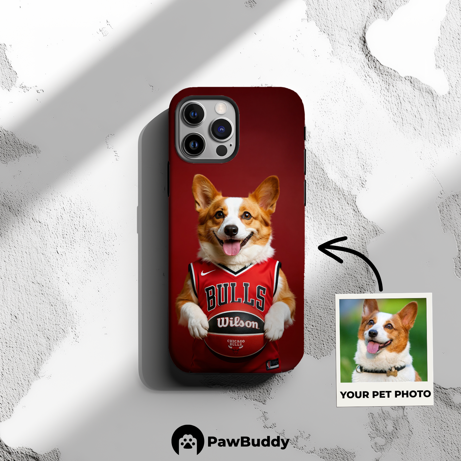 Custom Pet Phone Case for iPhone 11–17, Personalized Crimson Court Champion Basketball Portrait Design, Dual-Layer Shockproof PC+TPU Protective Cover with Glossy Wraparound Printing, Unique Gift for Pet Lovers
