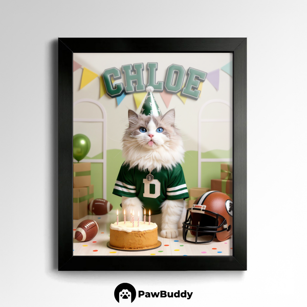 Custom Pet Poster Birthday American Football Celebration Portrait – Personalized High-Resolution Matte Print for Wall Art, Home Decor, or Unique Gifts for Pet Lovers
