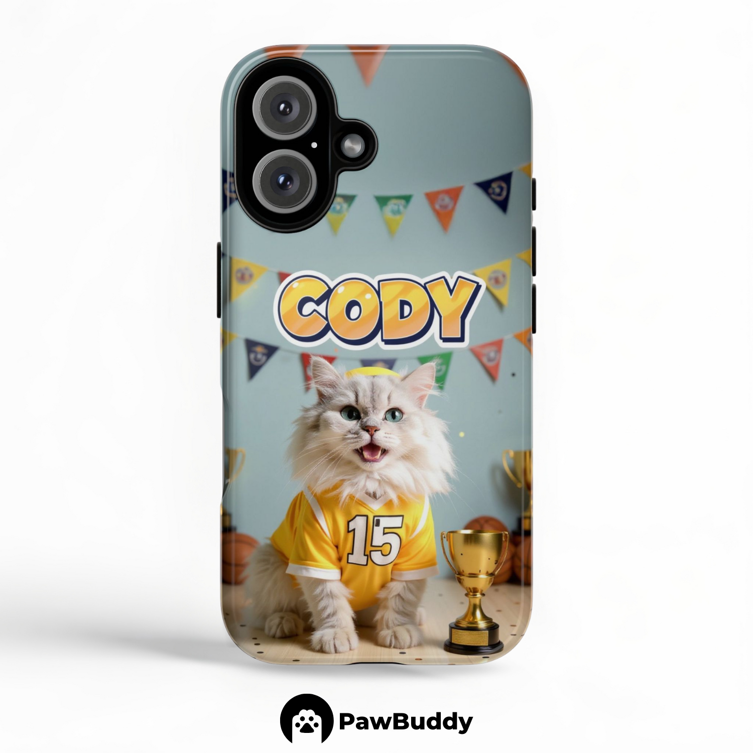 Custom Pet Phone Case for iPhone 11–17, Personalized Basketball Champion Yellow Jersey Studio Design with Trophy and Banner Decor, Dual-Layer Shockproof PC+TPU Protective Cover with Glossy Wraparound Printing, Unique Gift for Pet Lovers