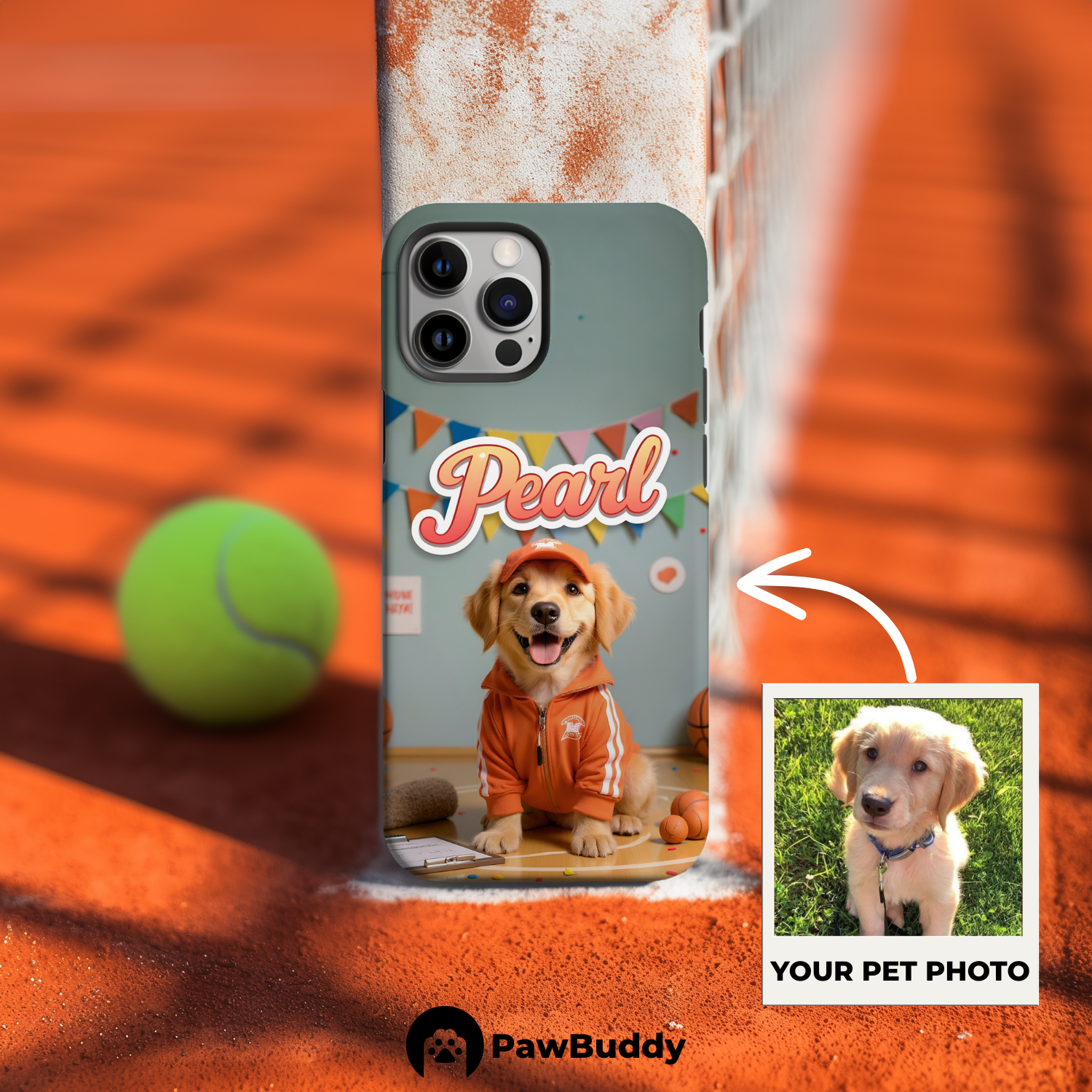 Custom Pet Phone Case for iPhone 11–17, Personalized Basketball Court Orange Outfit Design with Hoop and Banner Decor, Dual-Layer Shockproof PC+TPU Protective Cover with Glossy Wraparound Printing, Unique Gift for Pet Lovers