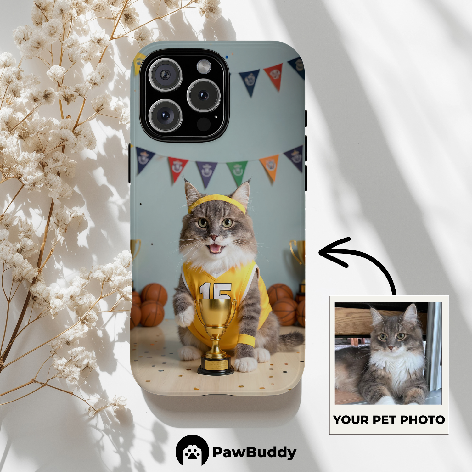 Custom Pet Phone Case for iPhone 11–17, Personalized Basketball Champion Yellow Jersey Studio Design with Trophy and Banner Decor, Dual-Layer Shockproof PC+TPU Protective Cover with Glossy Wraparound Printing, Unique Gift for Pet Lovers