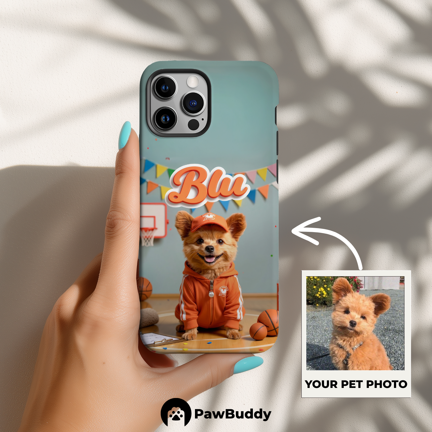 Custom Pet Phone Case for iPhone 11–17, Personalized Basketball Court Orange Outfit Design with Hoop and Banner Decor, Dual-Layer Shockproof PC+TPU Protective Cover with Glossy Wraparound Printing, Unique Gift for Pet Lovers