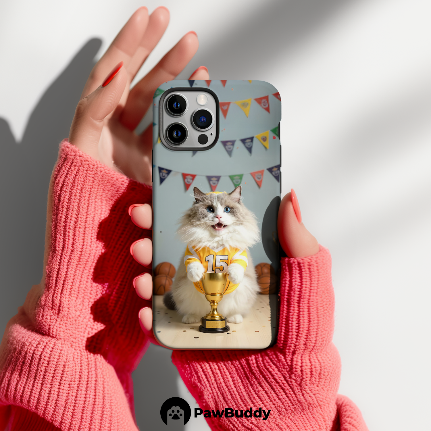 Custom Pet Phone Case for iPhone 11–17, Personalized Basketball Champion Yellow Jersey Studio Design with Trophy and Banner Decor, Dual-Layer Shockproof PC+TPU Protective Cover with Glossy Wraparound Printing, Unique Gift for Pet Lovers