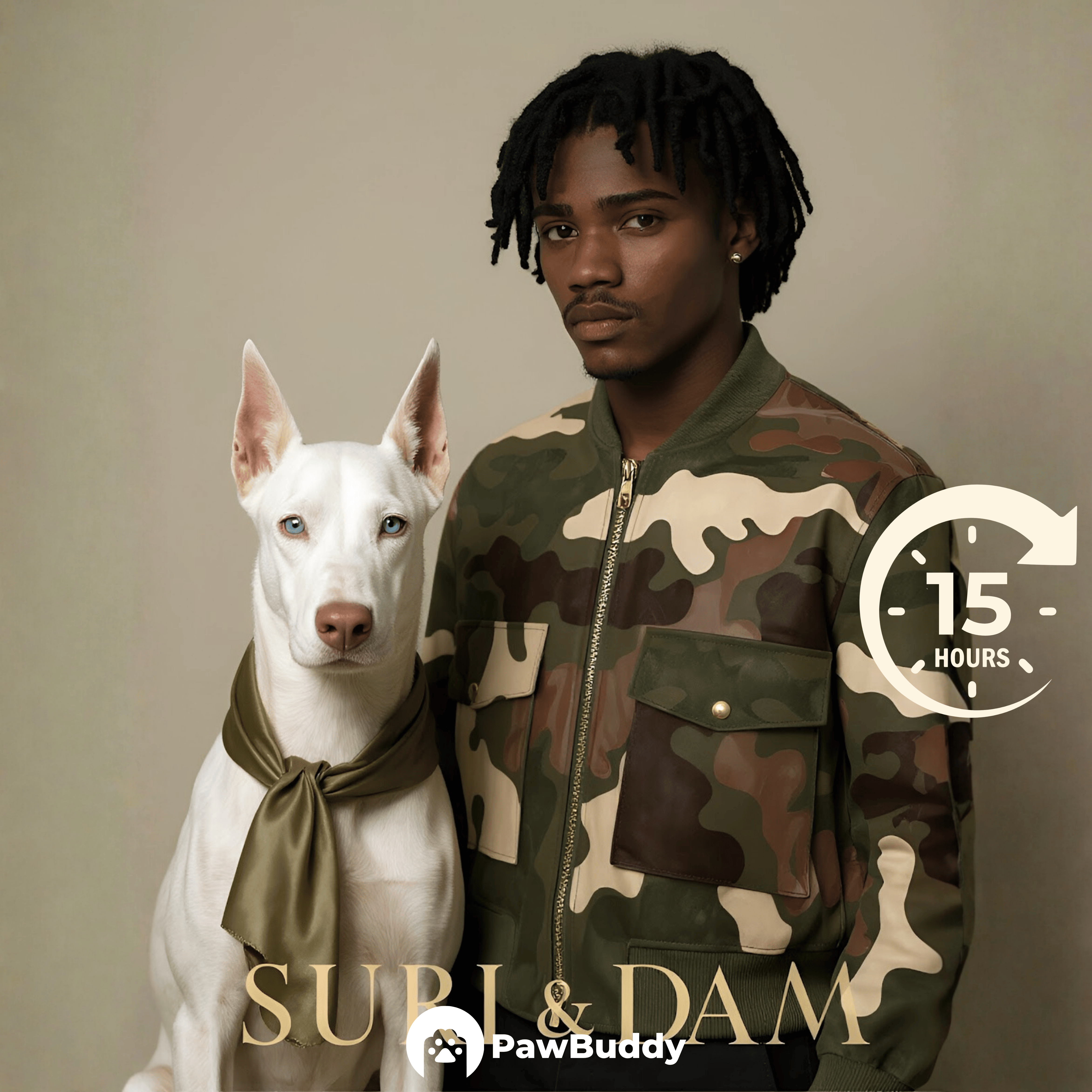 Custom Human & Pet Portrait Urban Camouflage Digital Artwork- Personalized High Resolution Artwork for Pet Lovers, Perfect for Online Sharing or as a Unique Fashion Inspired Keepsake