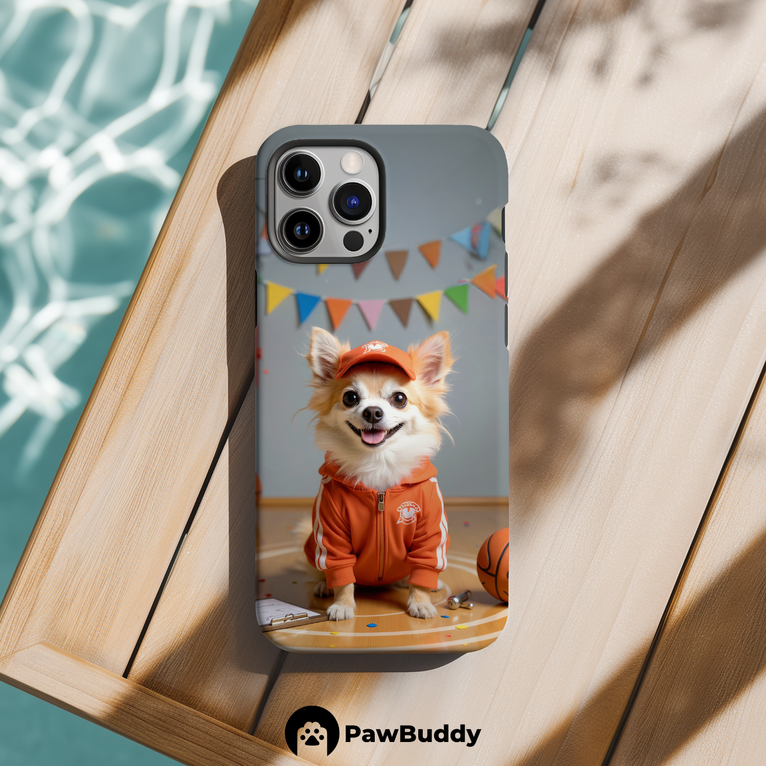 Custom Pet Phone Case for iPhone 11–17, Personalized Basketball Court Orange Outfit Design with Hoop and Banner Decor, Dual-Layer Shockproof PC+TPU Protective Cover with Glossy Wraparound Printing, Unique Gift for Pet Lovers