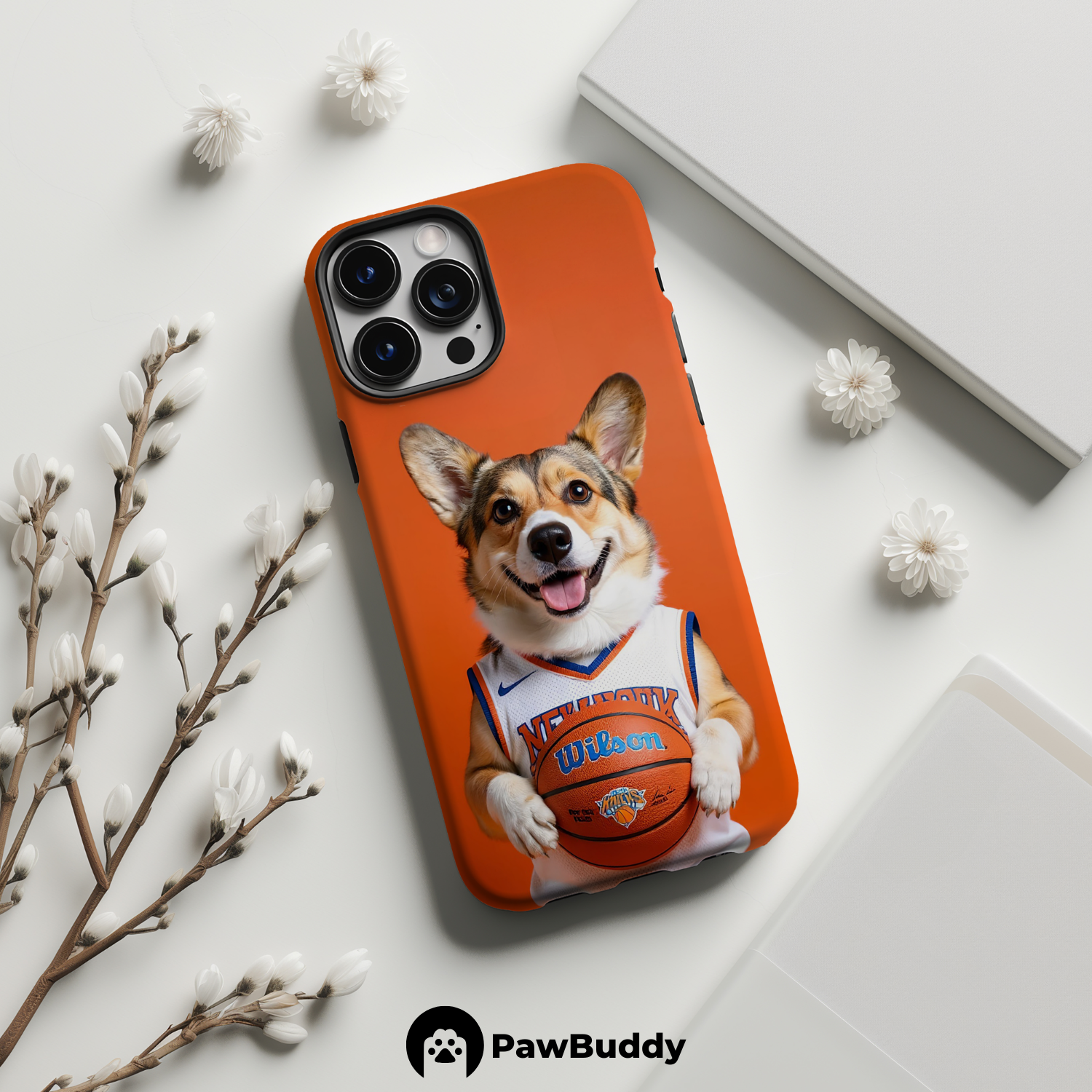 Custom Pet Phone Case for iPhone 11–17, Personalized Orange Court Energy Basketball Portrait Design, Dual-Layer Shockproof PC+TPU Protective Cover with Glossy Wraparound Printing, Unique Gift for Pet Lovers