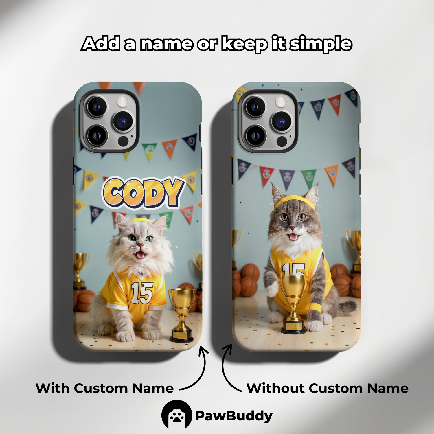 Custom Pet Phone Case for iPhone 11–17, Personalized Basketball Champion Yellow Jersey Studio Design with Trophy and Banner Decor, Dual-Layer Shockproof PC+TPU Protective Cover with Glossy Wraparound Printing, Unique Gift for Pet Lovers