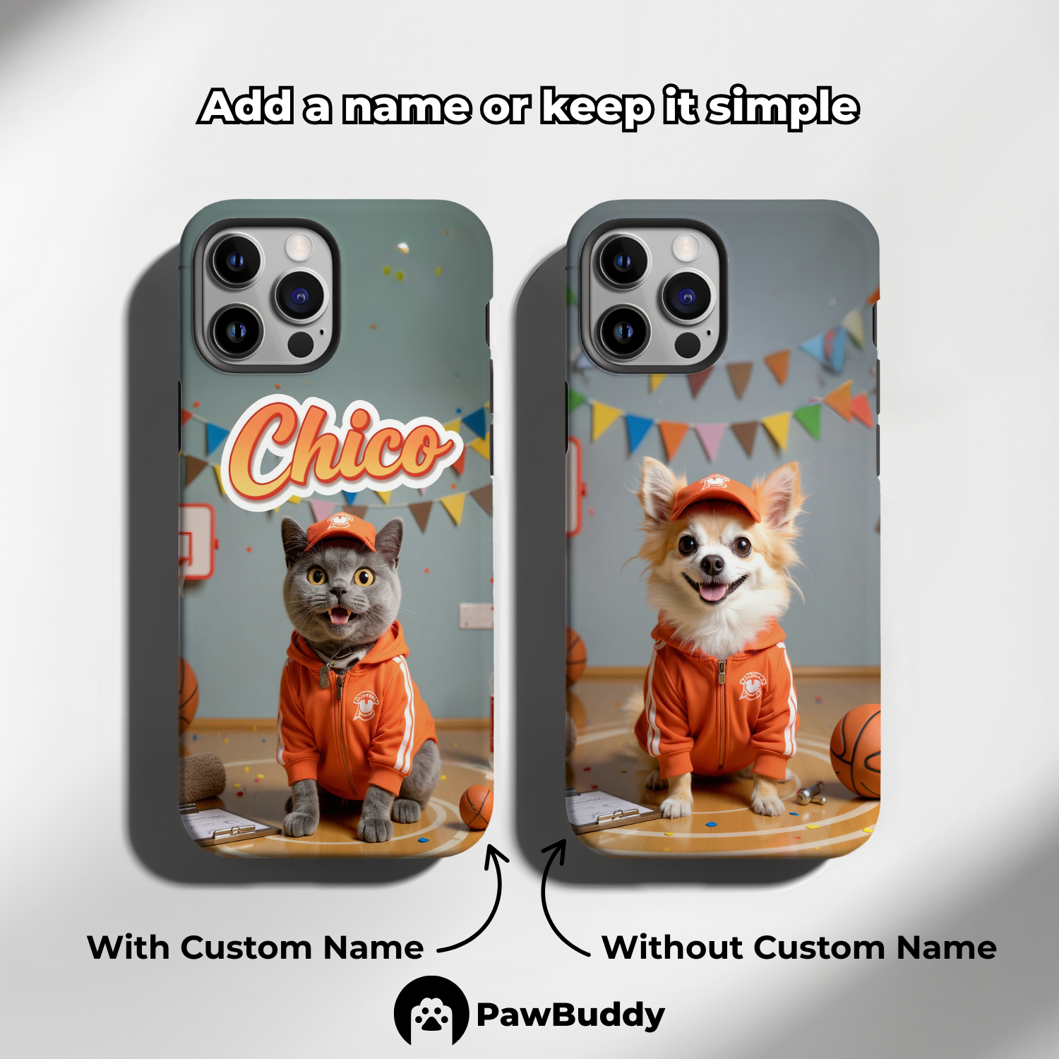 Custom Pet Phone Case for iPhone 11–17, Personalized Basketball Court Orange Outfit Design with Hoop and Banner Decor, Dual-Layer Shockproof PC+TPU Protective Cover with Glossy Wraparound Printing, Unique Gift for Pet Lovers