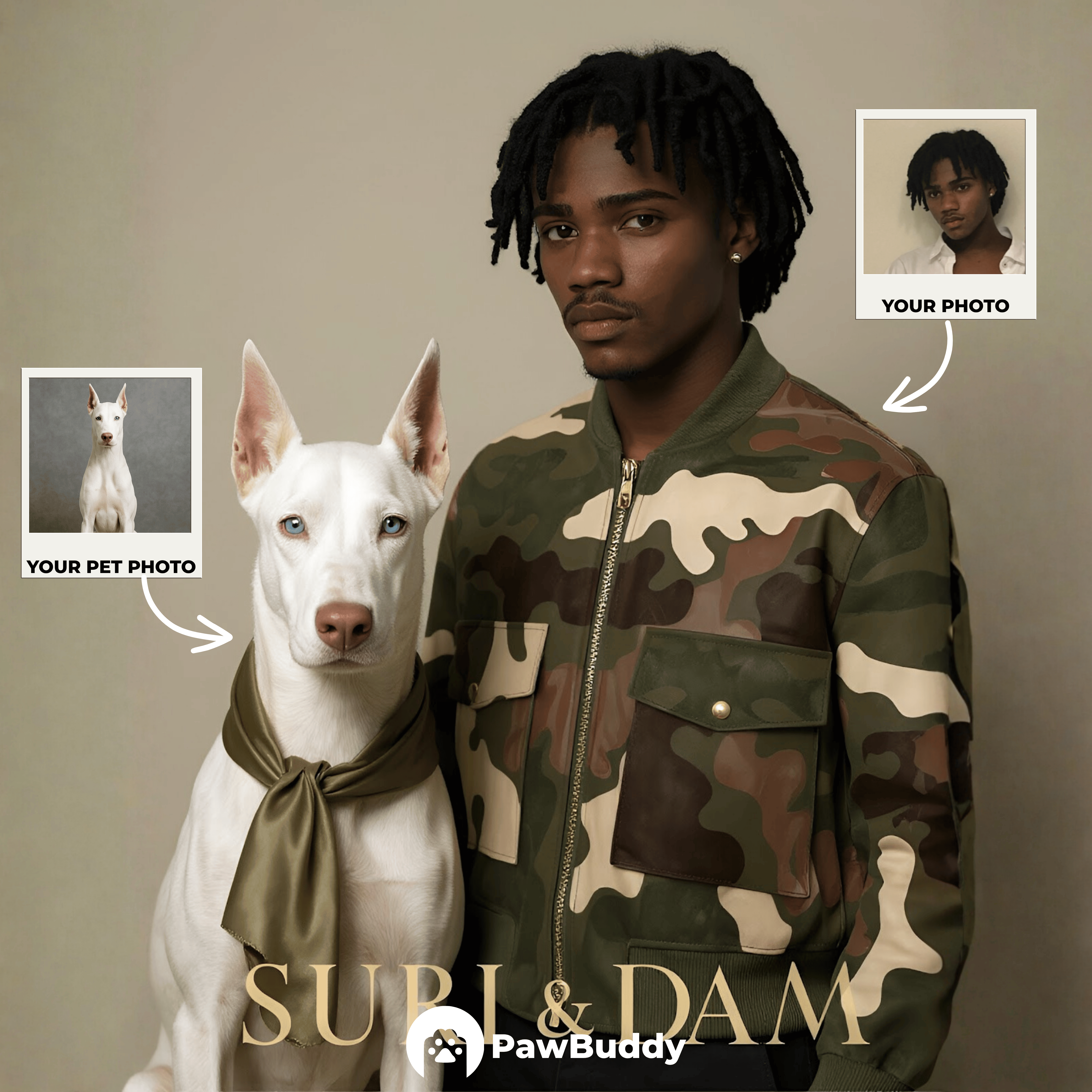 Custom Human & Pet Portrait Urban Camouflage Digital Artwork- Personalized High Resolution Artwork for Pet Lovers, Perfect for Online Sharing or as a Unique Fashion Inspired Keepsake