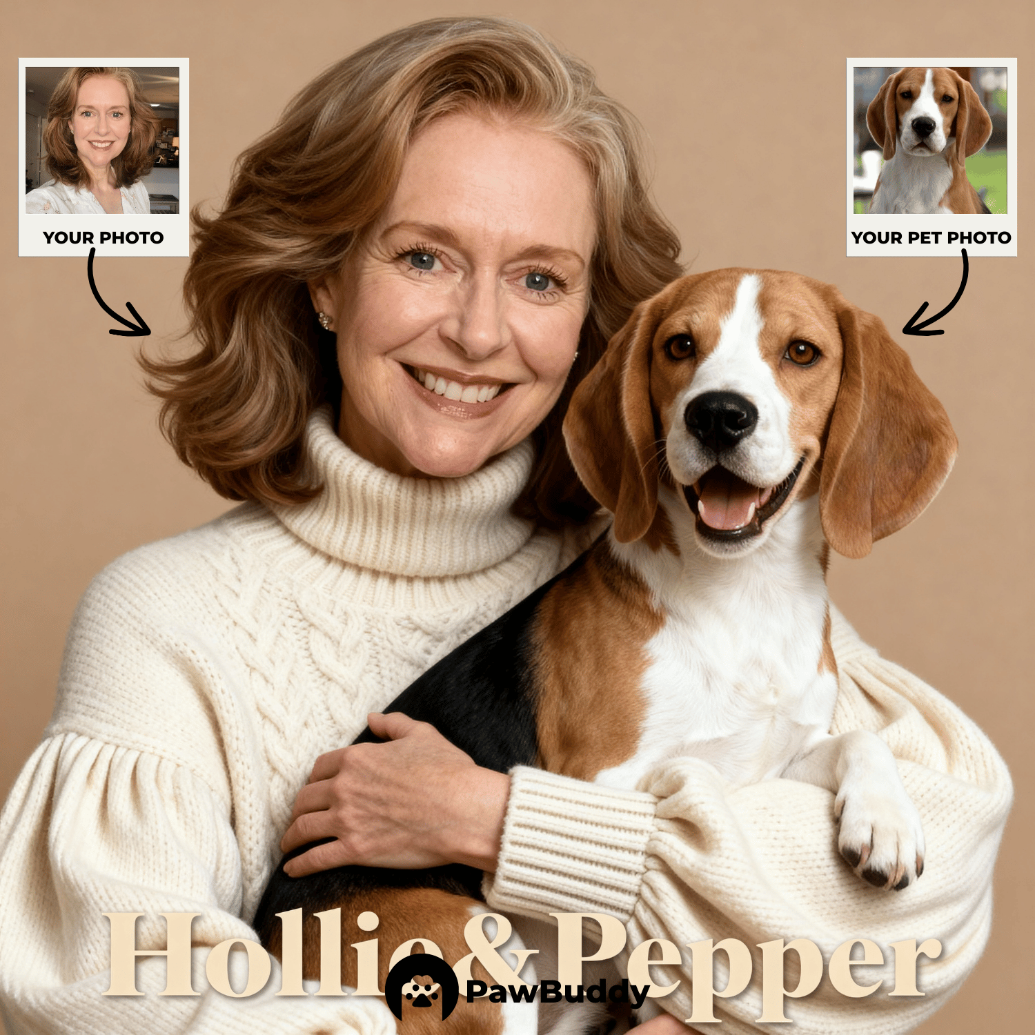 Custom Human & Pet Portrait Warm Beige Studio Hug Digital Artwork - Personalized High-Resolution Artwork for Pet Lovers, Perfect for Online Sharing or as a Unique Family-Themed Keepsake