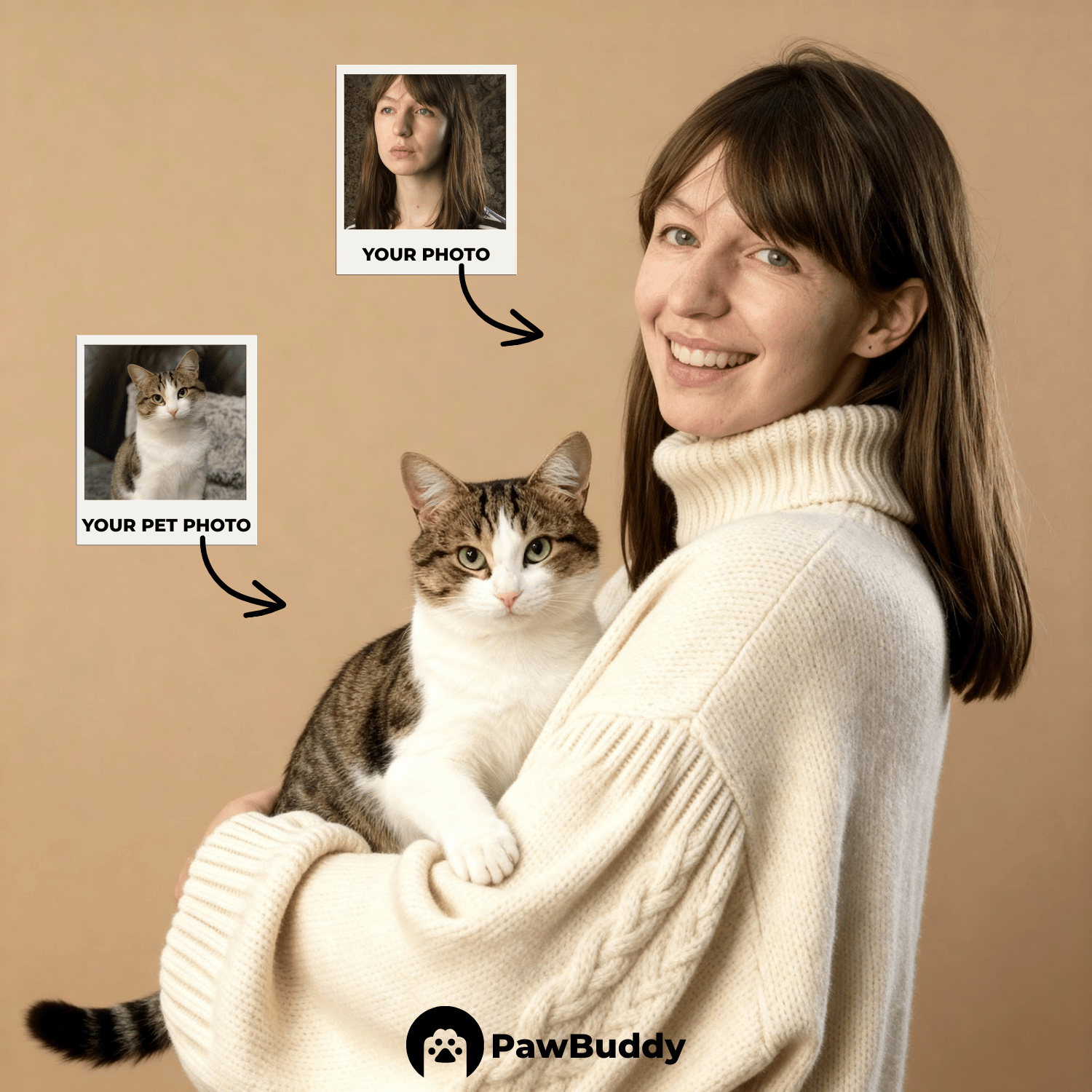 Custom Human & Pet Portrait Warm Beige Studio Hug Digital Artwork - Personalized High-Resolution Artwork for Pet Lovers, Perfect for Online Sharing or as a Unique Family-Themed Keepsake